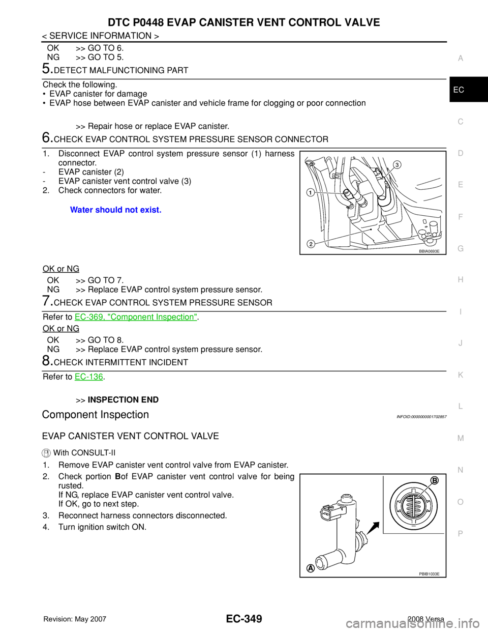 NISSAN TIIDA 2008  Service Repair Manual DTC P0448 EVAP CANISTER VENT CONTROL VALVE
EC-349
< SERVICE INFORMATION >
C
D
E
F
G
H
I
J
K
L
MA
EC
N
P O
OK >> GO TO 6.
NG >> GO TO 5.
5.DETECT MALFUNCTIONING PART
Check the following.
• EVAP canis