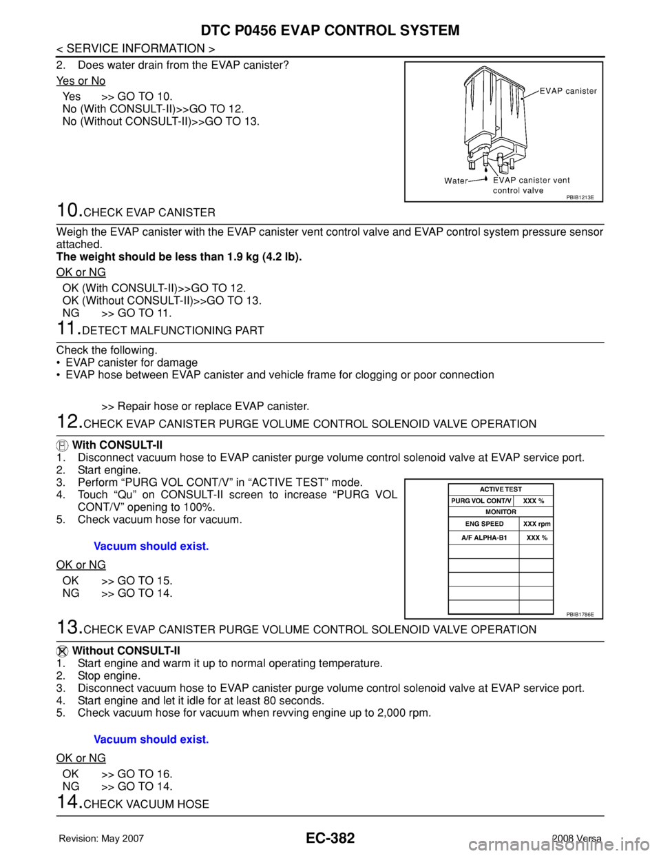 NISSAN TIIDA 2008  Service Repair Manual EC-382
< SERVICE INFORMATION >
DTC P0456 EVAP CONTROL SYSTEM
2. Does water drain from the EVAP canister?
Ye s  o r  N o
Yes >> GO TO 10.
No (With CONSULT-II)>>GO TO 12.
No (Without CONSULT-II)>>GO TO 