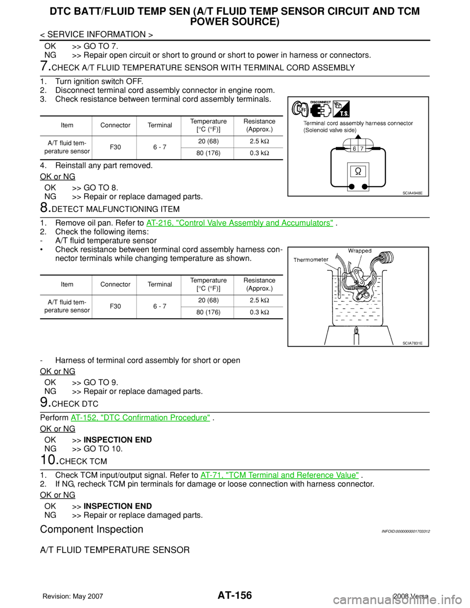 NISSAN TIIDA 2008  Service Repair Manual AT-156
< SERVICE INFORMATION >
DTC BATT/FLUID TEMP SEN (A/T FLUID TEMP SENSOR CIRCUIT AND TCM 
POWER SOURCE)
OK >> GO TO 7.
NG >> Repair open circuit or short to ground or short to power in harness or