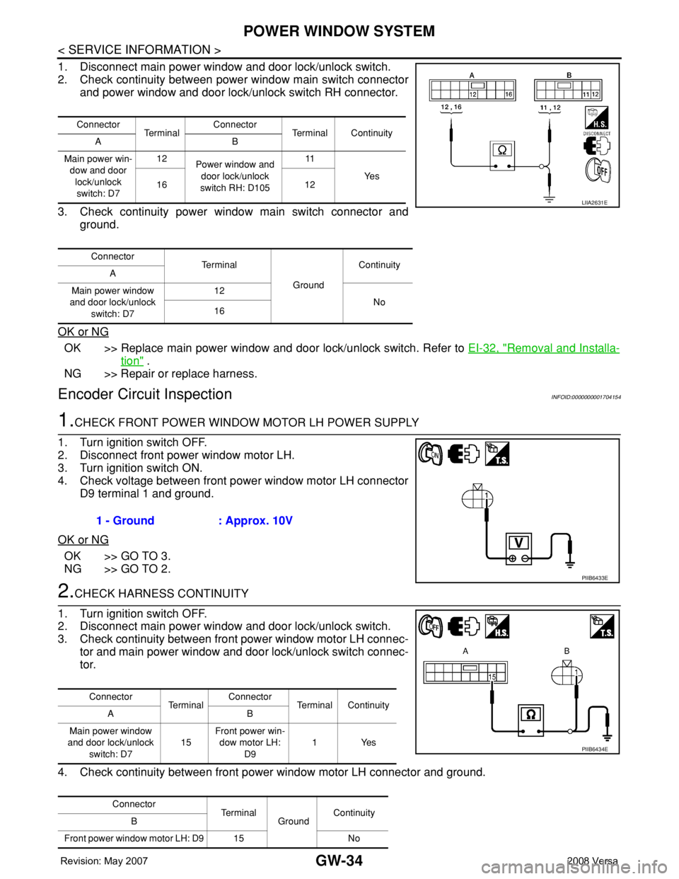 NISSAN TIIDA 2008  Service Repair Manual GW-34
< SERVICE INFORMATION >
POWER WINDOW SYSTEM
1. Disconnect main power window and door lock/unlock switch.
2. Check continuity between power window main switch connector
and power window and door 