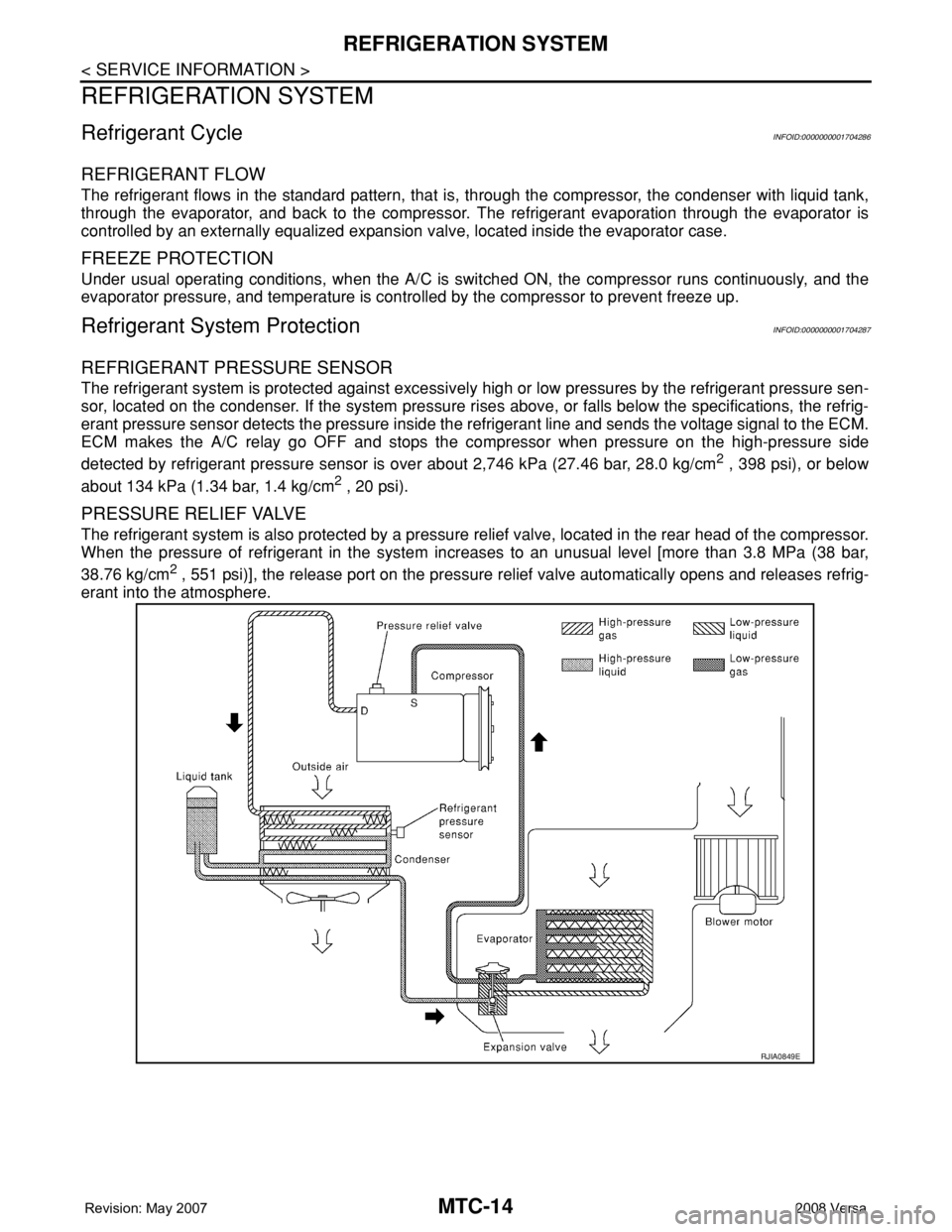 NISSAN TIIDA 2008  Service Repair Manual MTC-14
< SERVICE INFORMATION >
REFRIGERATION SYSTEM
REFRIGERATION SYSTEM
Refrigerant CycleINFOID:0000000001704286
REFRIGERANT FLOW
The refrigerant flows in the standard pattern, that is, through the c