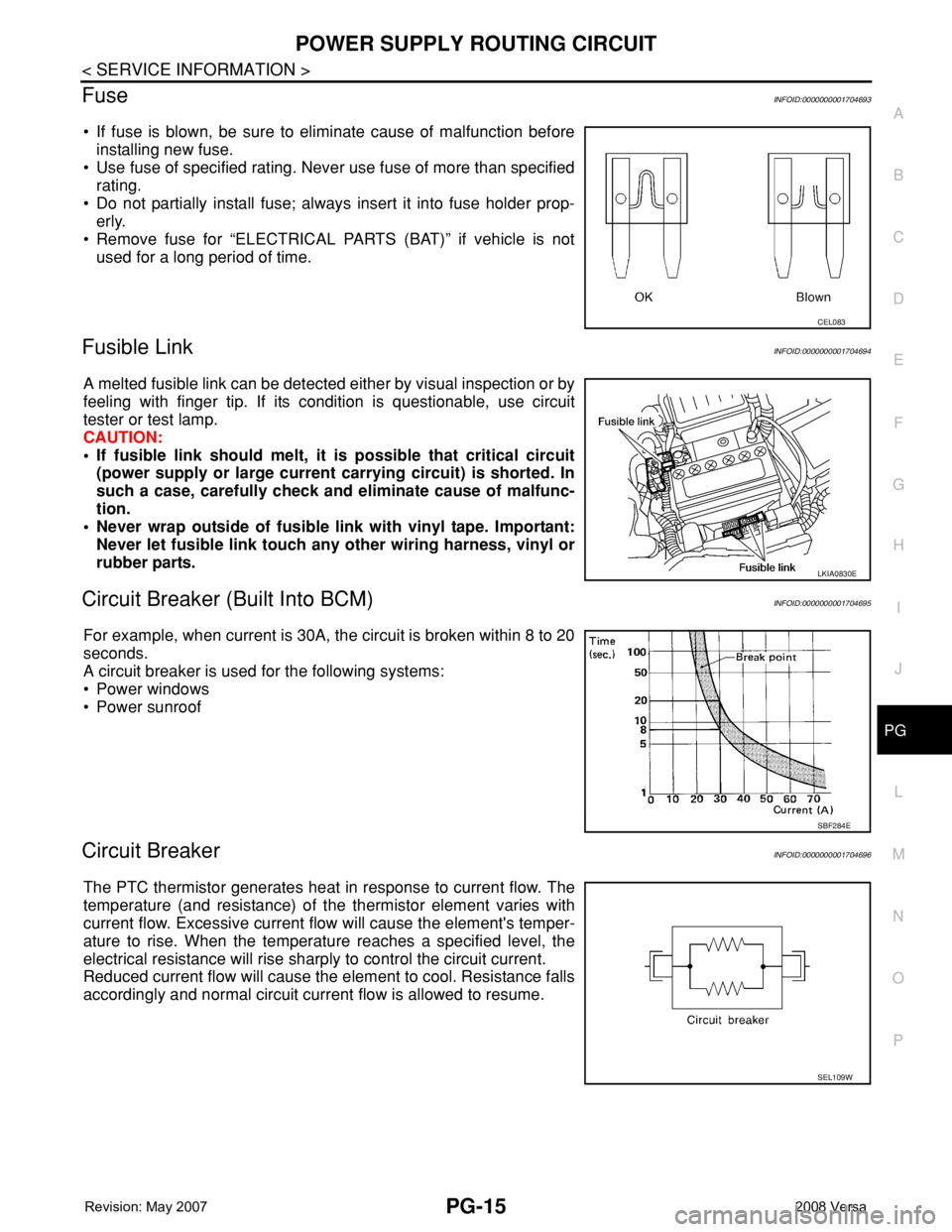 NISSAN TIIDA 2008  Service Repair Manual POWER SUPPLY ROUTING CIRCUIT
PG-15
< SERVICE INFORMATION >
C
D
E
F
G
H
I
J
L
MA
B
PG
N
O
P
FuseINFOID:0000000001704693
• If fuse is blown, be sure to eliminate cause of malfunction before
installing