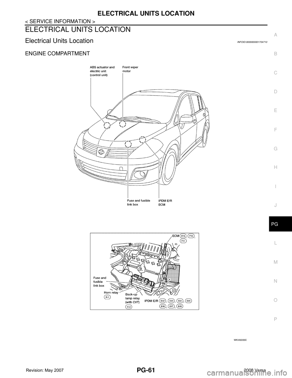 NISSAN TIIDA 2008  Service Repair Manual ELECTRICAL UNITS LOCATION
PG-61
< SERVICE INFORMATION >
C
D
E
F
G
H
I
J
L
MA
B
PG
N
O
P
ELECTRICAL UNITS LOCATION
Electrical Units LocationINFOID:0000000001704710
ENGINE COMPARTMENT 
WKIA6006E 