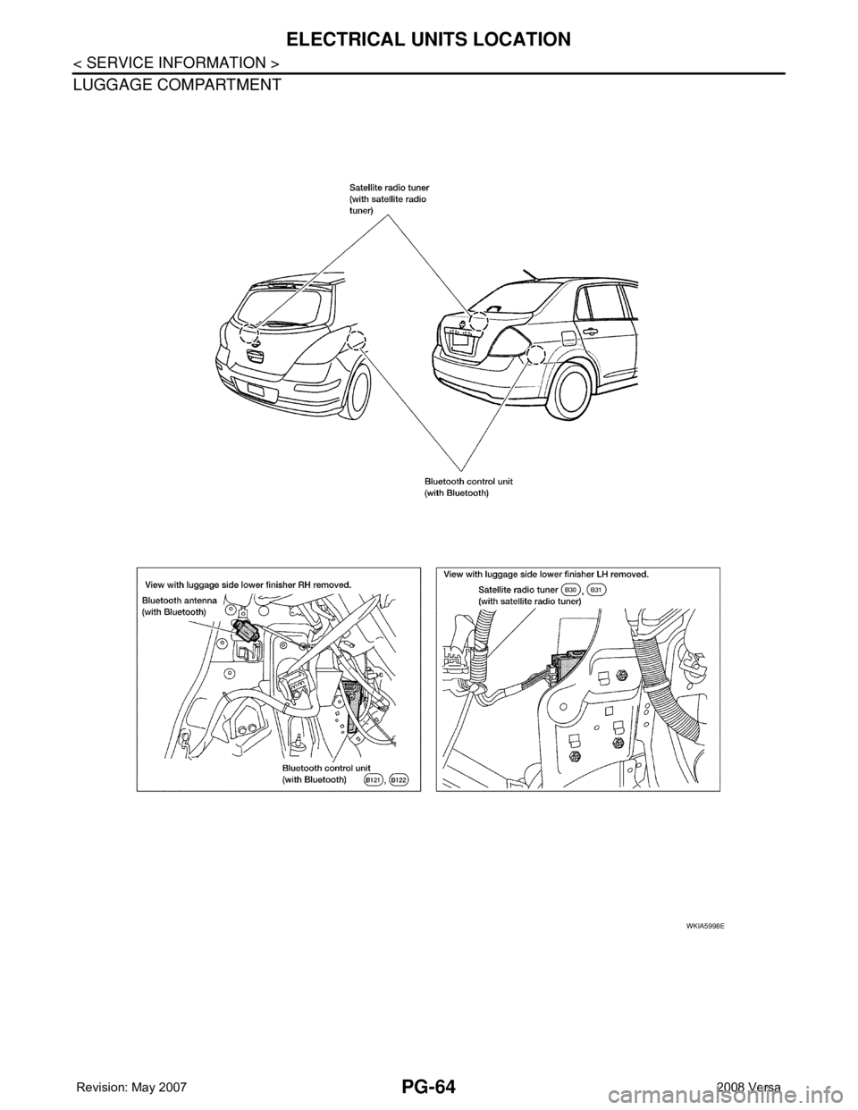 NISSAN TIIDA 2008  Service Repair Manual PG-64
< SERVICE INFORMATION >
ELECTRICAL UNITS LOCATION
LUGGAGE COMPARTMENT
WKIA5998E 