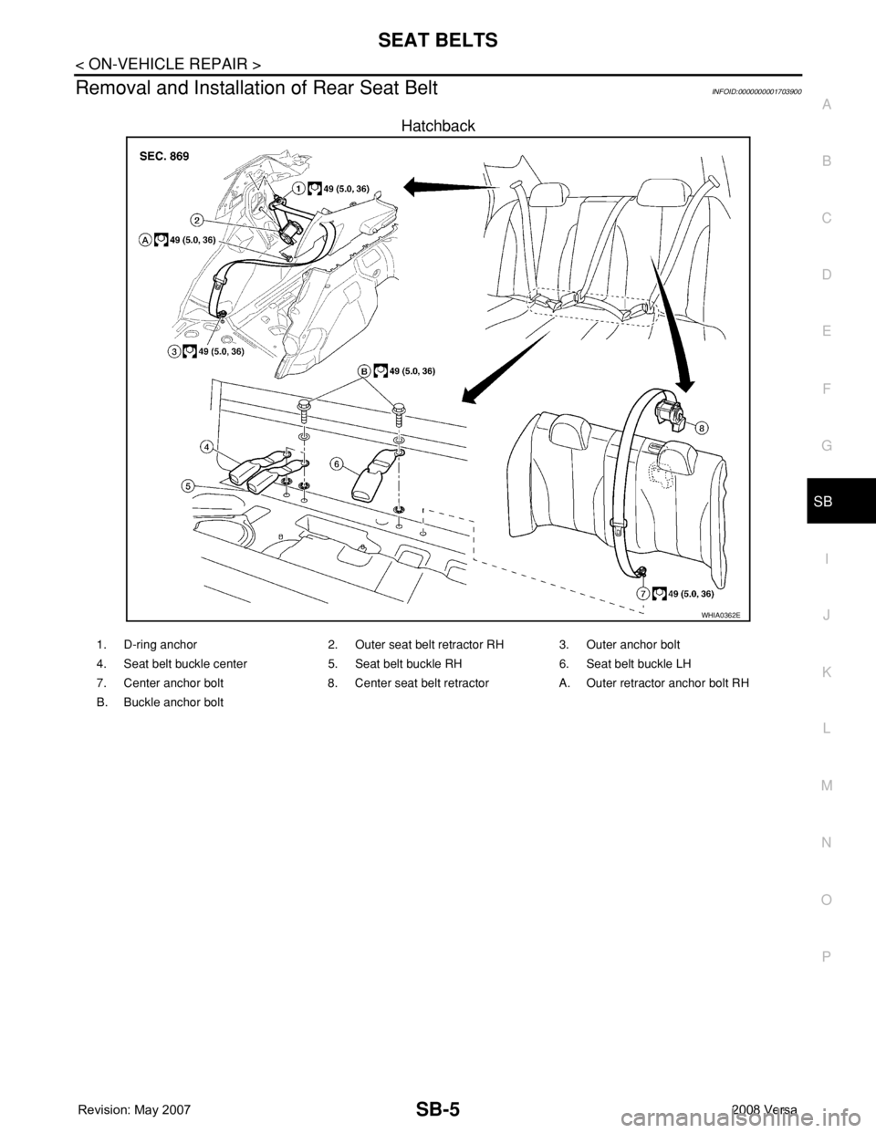 NISSAN TIIDA 2008  Service Repair Manual SEAT BELTS
SB-5
< ON-VEHICLE REPAIR >
C
D
E
F
G
I
J
K
L
MA
B
SB
N
O
P
Removal and Installation of Rear Seat BeltINFOID:0000000001703900
Hatchback
WHIA0362E
1. D-ring anchor 2. Outer seat belt retracto