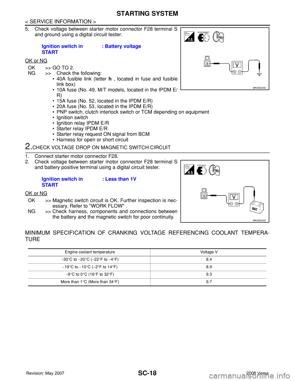 NISSAN TIIDA 2008  Service Repair Manual SC-18
< SERVICE INFORMATION >
STARTING SYSTEM
5. Check voltage between starter motor connector F28 terminal S
and ground using a digital circuit tester.
OK or NG
OK >> GO TO 2.
NG >> Check the followi