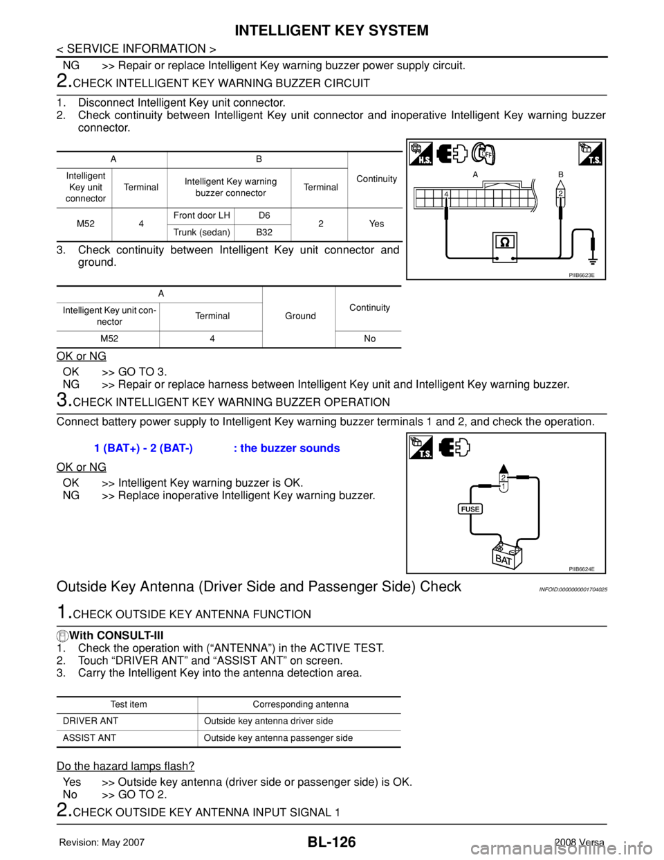 NISSAN TIIDA 2008  Service Repair Manual BL-126
< SERVICE INFORMATION >
INTELLIGENT KEY SYSTEM
NG >> Repair or replace Intelligent Key warning buzzer power supply circuit.
2.CHECK INTELLIGENT KEY WARNING BUZZER CIRCUIT
1. Disconnect Intellig