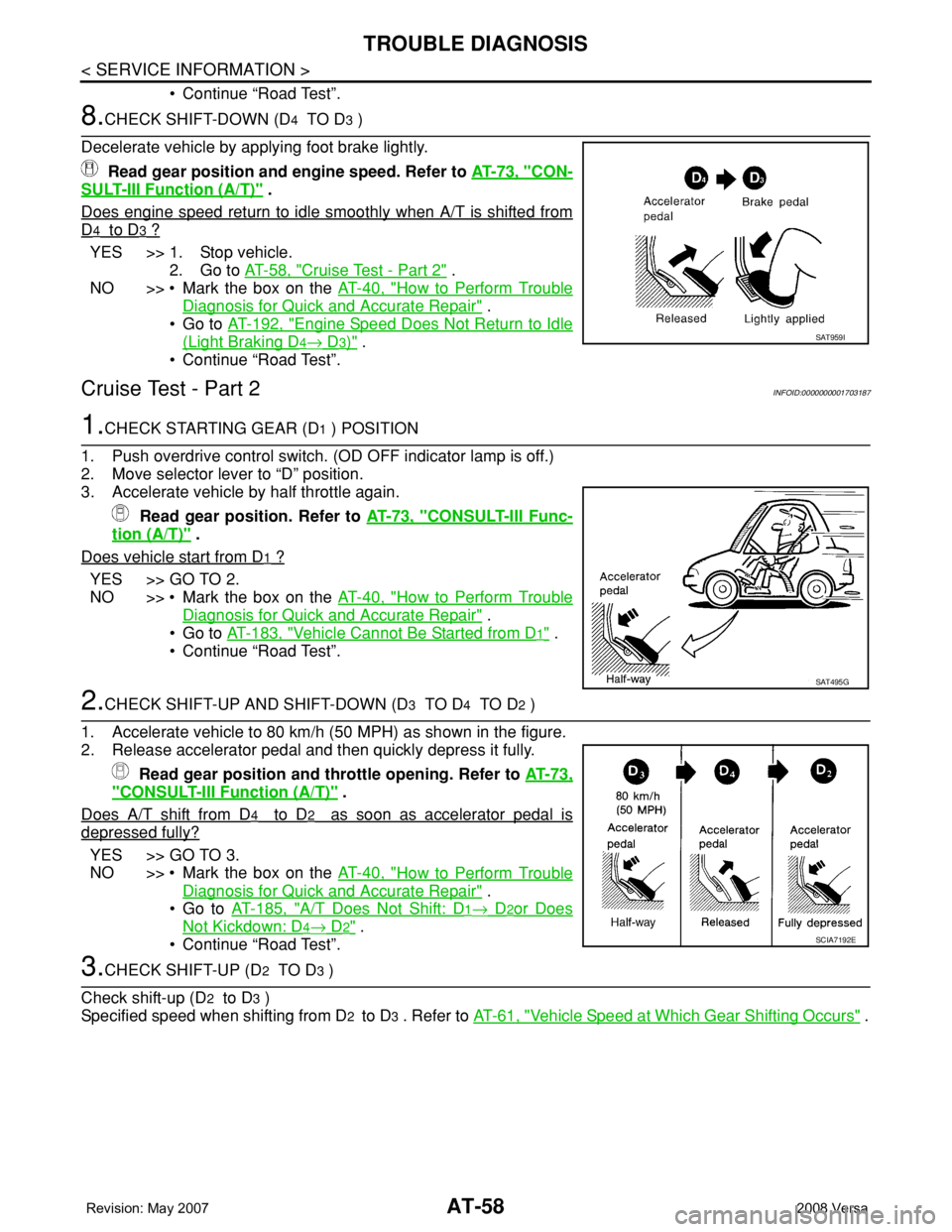 NISSAN TIIDA 2008  Service Repair Manual AT-58
< SERVICE INFORMATION >
TROUBLE DIAGNOSIS
• Continue “Road Test”.
8.CHECK SHIFT-DOWN (D4  TO D3 )
Decelerate vehicle by applying foot brake lightly.
 Read gear position and engine speed. R