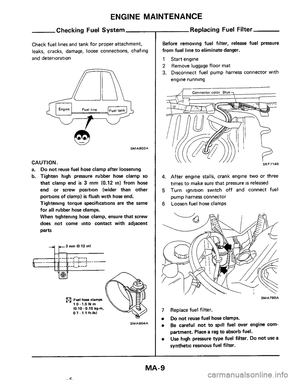 NISSAN 300ZX 1984 Z31 Maintenance Workshop Manual ENGINE MAINTENANCE
Checking Fuel System
Check fuel lines and tank for proper attachment,
leaks, cracks, damage,
loose connections, chafing
and deterioration
SMA803A
CAUTION.
a. Do not NISSAN 300ZX 1984 Z31 Maintenance Workshop Manual ENGINE MAINTENANCE
Checking Fuel System
Check fuel lines and tank for proper attachment,
leaks, cracks, damage,
loose connections, chafing
and deterioration
SMA803A
CAUTION.
a. Do not