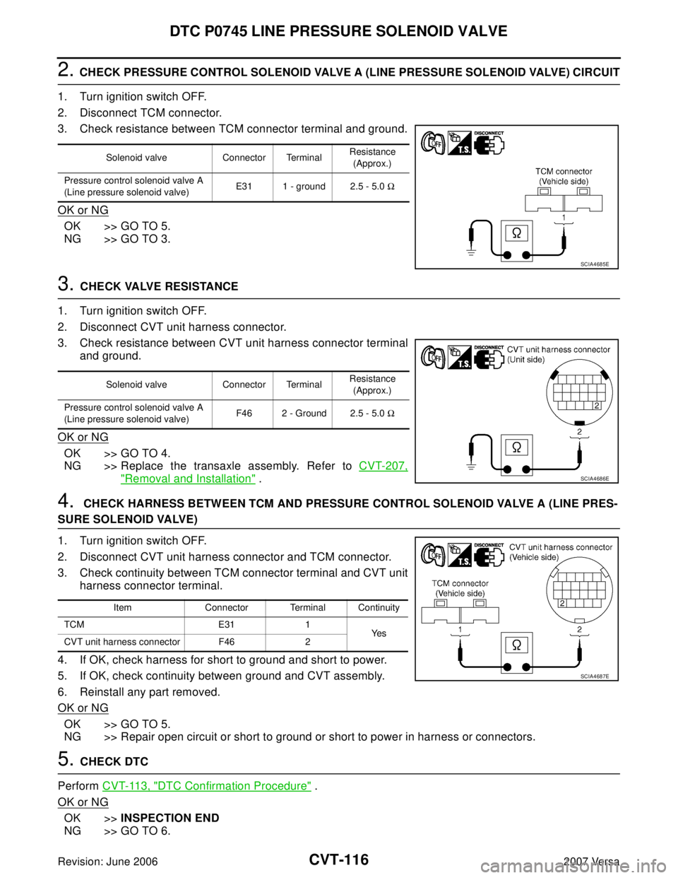 NISSAN VERSA 2006 Workshop Service Repair Manual CVT-116
DTC P0745 LINE PRESSURE SOLENOID VALVE
Revision: June 20062007 Versa
2. CHECK PRESSURE CONTROL SOLENOID VALVE A (LINE PRESSURE SOLENOID VALVE) CIRCUIT
1. Turn ignition switch OFF.
2. Disconnec NISSAN VERSA 2006 Workshop Service Repair Manual CVT-116
DTC P0745 LINE PRESSURE SOLENOID VALVE
Revision: June 20062007 Versa
2. CHECK PRESSURE CONTROL SOLENOID VALVE A (LINE PRESSURE SOLENOID VALVE) CIRCUIT
1. Turn ignition switch OFF.
2. Disconnec