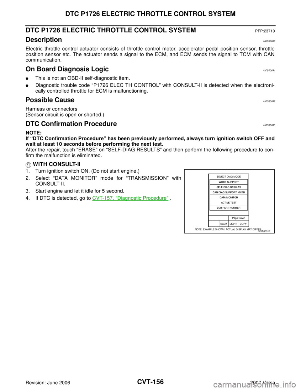 NISSAN VERSA 2006 Workshop Service Repair Manual CVT-156
DTC P1726 ELECTRIC THROTTLE CONTROL SYSTEM
Revision: June 20062007 Versa
DTC P1726 ELECTRIC THROTTLE CONTROL SYSTEMPFP:23710
DescriptionUCS00630
Electric throttle control actuator consists of NISSAN VERSA 2006 Workshop Service Repair Manual CVT-156
DTC P1726 ELECTRIC THROTTLE CONTROL SYSTEM
Revision: June 20062007 Versa
DTC P1726 ELECTRIC THROTTLE CONTROL SYSTEMPFP:23710
DescriptionUCS00630
Electric throttle control actuator consists of