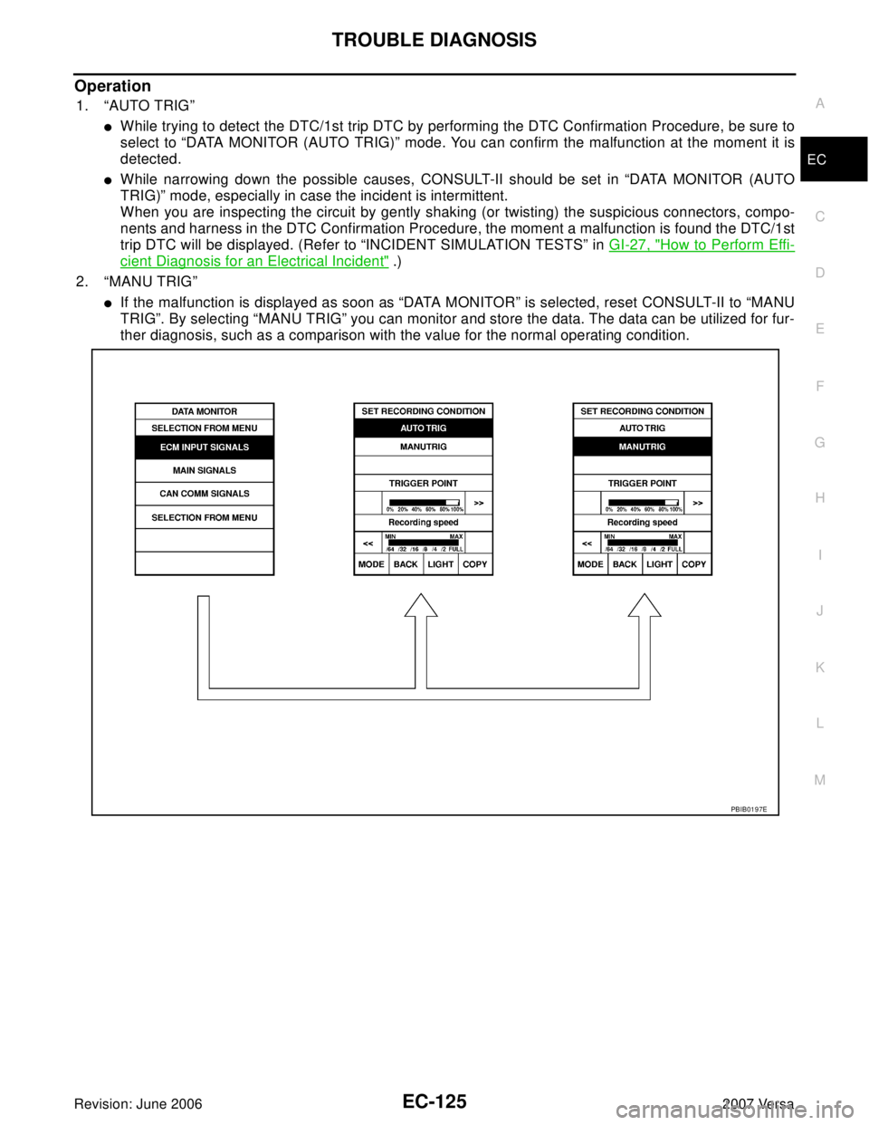 NISSAN VERSA 2006 Workshop Service Repair Manual TROUBLE DIAGNOSIS
EC-125
C
D
E
F
G
H
I
J
K
L
MA
EC
Revision: June 20062007 Versa
Operation
1. “AUTO TRIG”
While trying to detect the DTC/1st trip DTC by performing the DTC Confirmation Procedure, NISSAN VERSA 2006 Workshop Service Repair Manual TROUBLE DIAGNOSIS
EC-125
C
D
E
F
G
H
I
J
K
L
MA
EC
Revision: June 20062007 Versa
Operation
1. “AUTO TRIG”
While trying to detect the DTC/1st trip DTC by performing the DTC Confirmation Procedure,