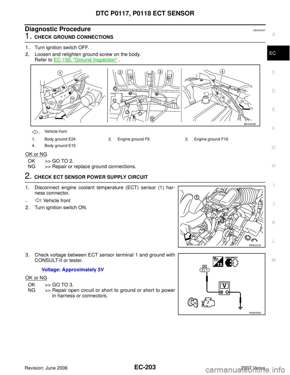 NISSAN VERSA 2006  Workshop  Service Repair Manual DTC P0117, P0118 ECT SENSOR
EC-203
C
D
E
F
G
H
I
J
K
L
MA
EC
Revision: June 20062007 Versa
Diagnostic ProcedureUBS00QDT
1. CHECK GROUND CONNECTIONS
1. Turn ignition switch OFF.
2. Loosen and retighten