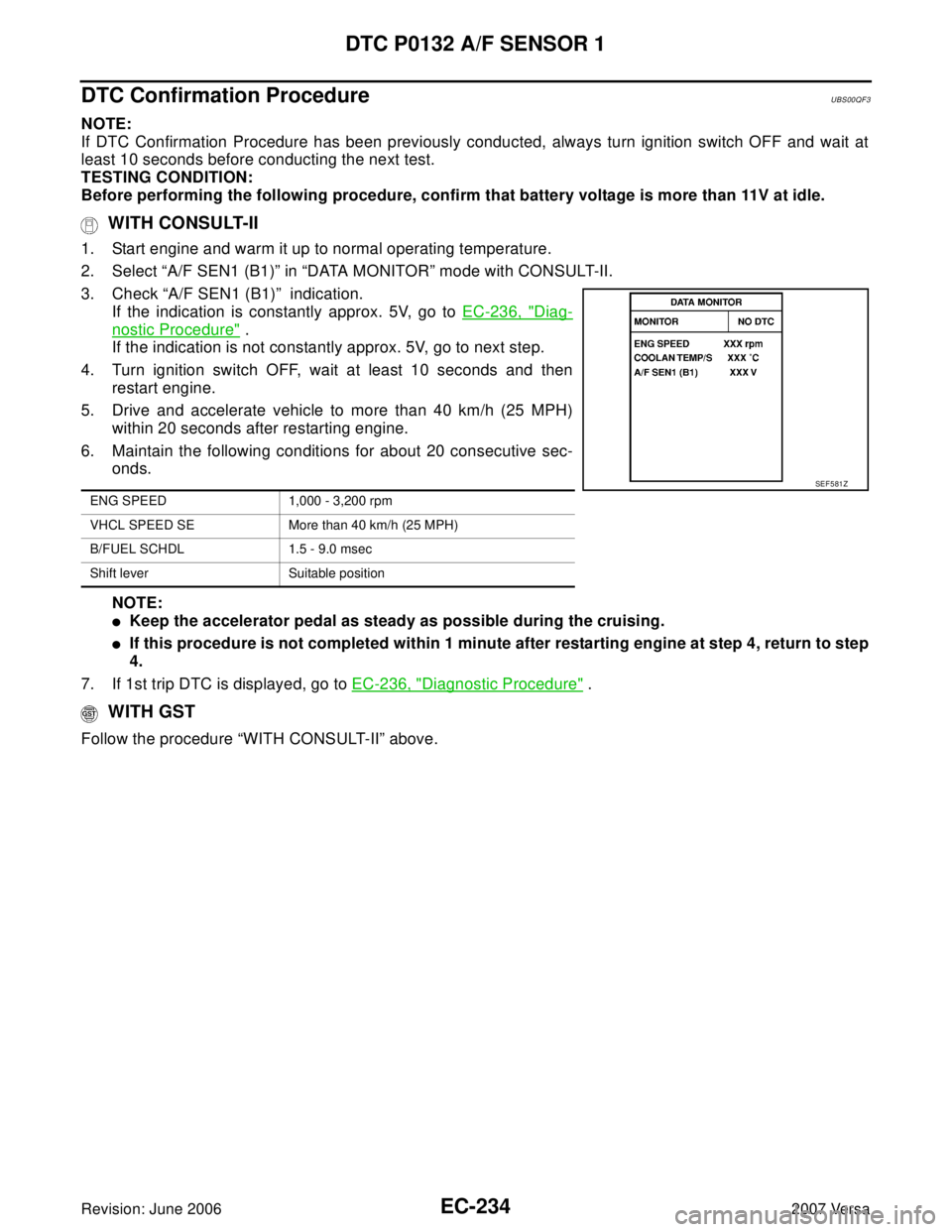 NISSAN VERSA 2006 Workshop Service Repair Manual EC-234Revision: June 2006
DTC P0132 A/F SENSOR 1
2007 Versa
DTC Confirmation ProcedureUBS00QF3
NOTE:
If DTC Confirmation Procedure has been previously conducted, always turn ignition switch OFF and wa NISSAN VERSA 2006 Workshop Service Repair Manual EC-234Revision: June 2006
DTC P0132 A/F SENSOR 1
2007 Versa
DTC Confirmation ProcedureUBS00QF3
NOTE:
If DTC Confirmation Procedure has been previously conducted, always turn ignition switch OFF and wa