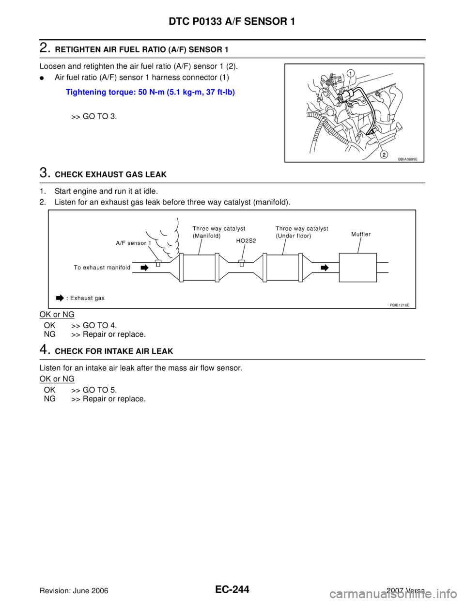 NISSAN VERSA 2006  Workshop  Service Repair Manual EC-244Revision: June 2006
DTC P0133 A/F SENSOR 1
2007 Versa
2. RETIGHTEN AIR FUEL RATIO (A/F) SENSOR 1
Loosen and retighten the air fuel ratio (A/F) sensor 1 (2).
Air fuel ratio (A/F) sensor 1 harnes