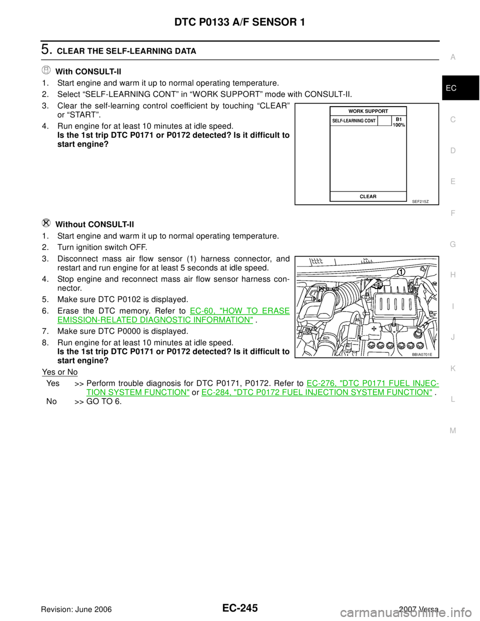 NISSAN VERSA 2006 Workshop Service Repair Manual DTC P0133 A/F SENSOR 1
EC-245
C
D
E
F
G
H
I
J
K
L
MA
EC
Revision: June 20062007 Versa
5. CLEAR THE SELF-LEARNING DATA
With CONSULT-II
1. Start engine and warm it up to normal operating temperature.
2 NISSAN VERSA 2006 Workshop Service Repair Manual DTC P0133 A/F SENSOR 1
EC-245
C
D
E
F
G
H
I
J
K
L
MA
EC
Revision: June 20062007 Versa
5. CLEAR THE SELF-LEARNING DATA
With CONSULT-II
1. Start engine and warm it up to normal operating temperature.
2