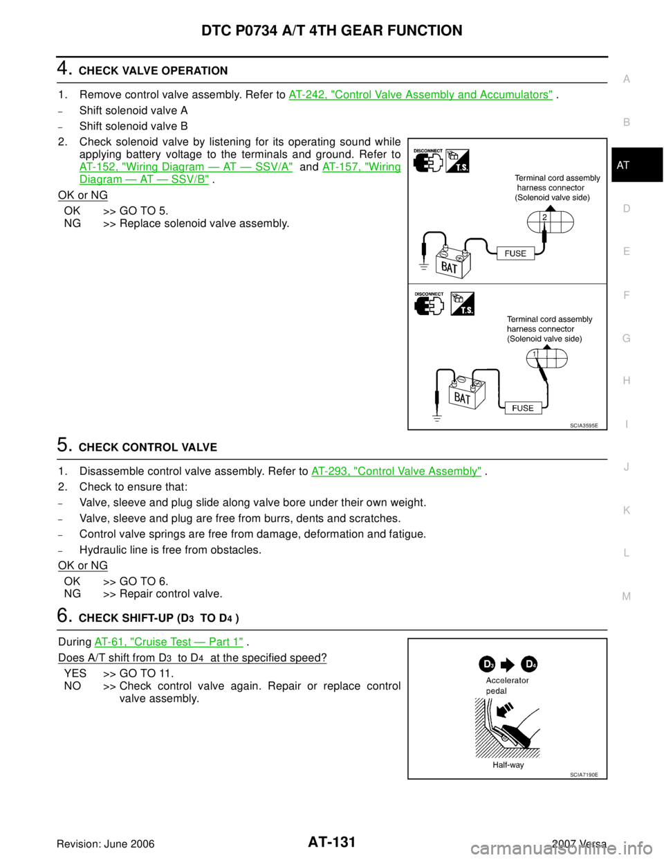 NISSAN VERSA 2006 Workshop Service Repair Manual DTC P0734 A/T 4TH GEAR FUNCTION
AT-131
D
E
F
G
H
I
J
K
L
MA
B
AT
Revision: June 20062007 Versa
4. CHECK VALVE OPERATION
1. Remove control valve assembly. Refer to AT-242, "
Control Valve Assembly and NISSAN VERSA 2006 Workshop Service Repair Manual DTC P0734 A/T 4TH GEAR FUNCTION
AT-131
D
E
F
G
H
I
J
K
L
MA
B
AT
Revision: June 20062007 Versa
4. CHECK VALVE OPERATION
1. Remove control valve assembly. Refer to AT-242, "
Control Valve Assembly and