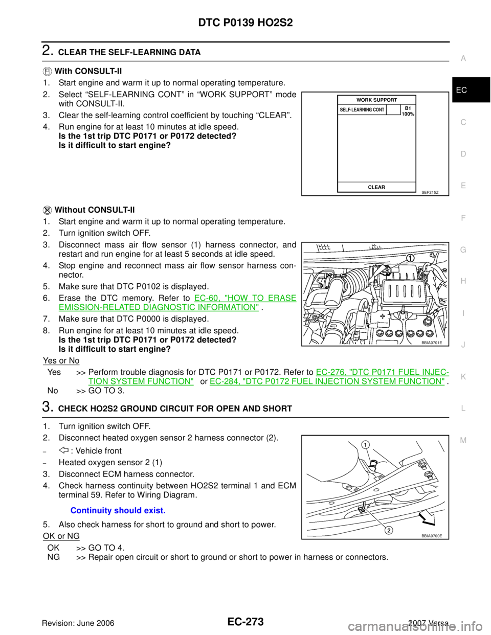 NISSAN VERSA 2006 Workshop Service Repair Manual DTC P0139 HO2S2
EC-273
C
D
E
F
G
H
I
J
K
L
MA
EC
Revision: June 20062007 Versa
2. CLEAR THE SELF-LEARNING DATA
With CONSULT-II
1. Start engine and warm it up to normal operating temperature.
2. Selec NISSAN VERSA 2006 Workshop Service Repair Manual DTC P0139 HO2S2
EC-273
C
D
E
F
G
H
I
J
K
L
MA
EC
Revision: June 20062007 Versa
2. CLEAR THE SELF-LEARNING DATA
With CONSULT-II
1. Start engine and warm it up to normal operating temperature.
2. Selec