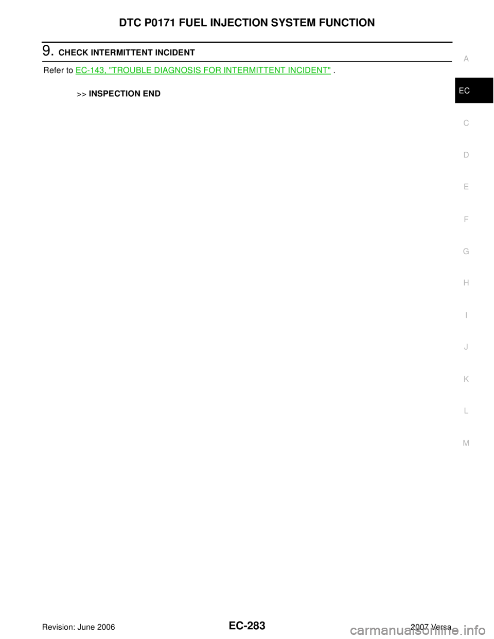 NISSAN VERSA 2006  Workshop  Service Repair Manual DTC P0171 FUEL INJECTION SYSTEM FUNCTION
EC-283
C
D
E
F
G
H
I
J
K
L
MA
EC
Revision: June 20062007 Versa
9. CHECK INTERMITTENT INCIDENT
Refer to EC-143, "
TROUBLE DIAGNOSIS FOR INTERMITTENT INCIDENT" .