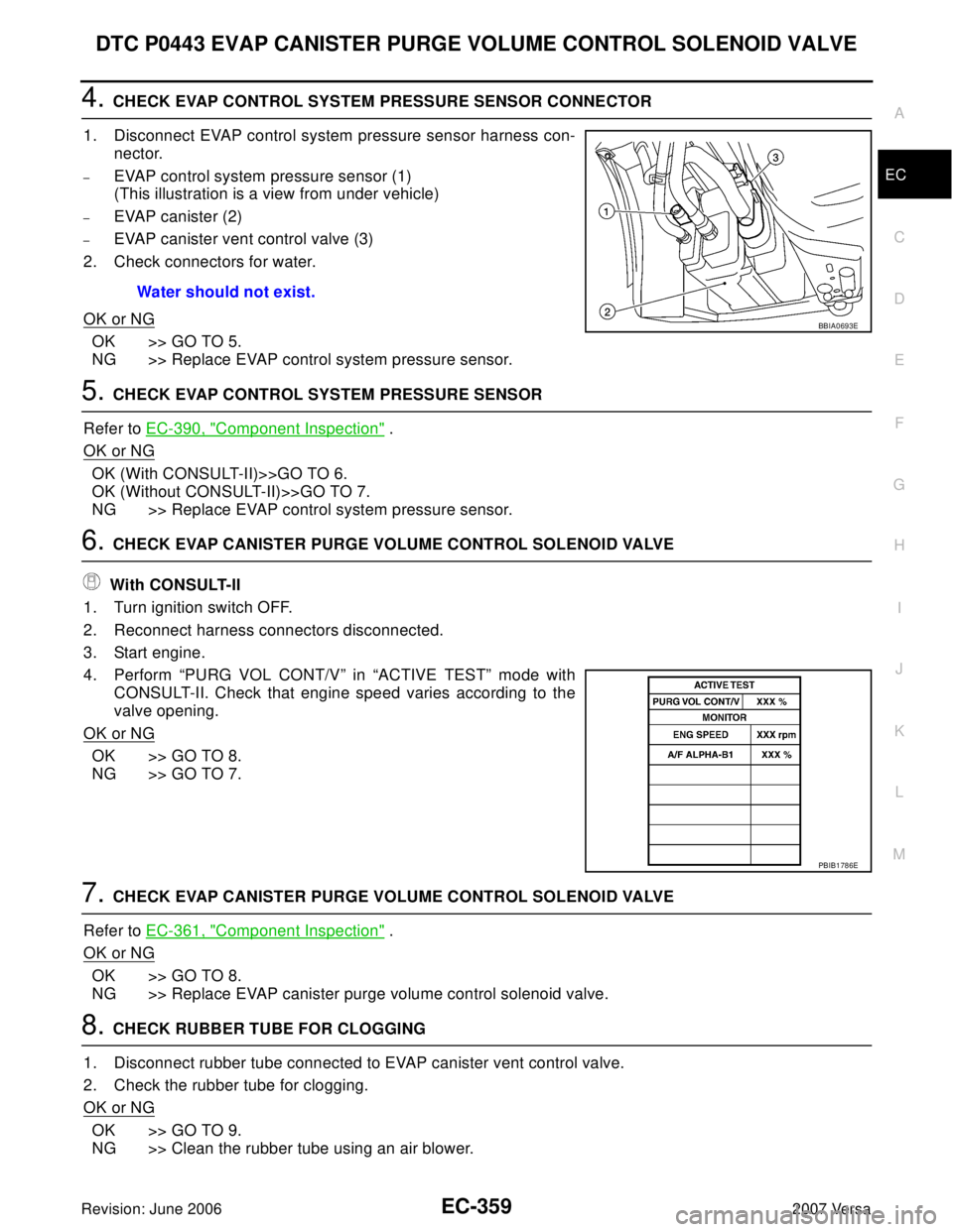 NISSAN VERSA 2006 Workshop Service Repair Manual DTC P0443 EVAP CANISTER PURGE VOLUME CONTROL SOLENOID VALVE
EC-359
C
D
E
F
G
H
I
J
K
L
MA
EC
Revision: June 20062007 Versa
4. CHECK EVAP CONTROL SYSTEM PRESSURE SENSOR CONNECTOR
1. Disconnect EVAP con NISSAN VERSA 2006 Workshop Service Repair Manual DTC P0443 EVAP CANISTER PURGE VOLUME CONTROL SOLENOID VALVE
EC-359
C
D
E
F
G
H
I
J
K
L
MA
EC
Revision: June 20062007 Versa
4. CHECK EVAP CONTROL SYSTEM PRESSURE SENSOR CONNECTOR
1. Disconnect EVAP con