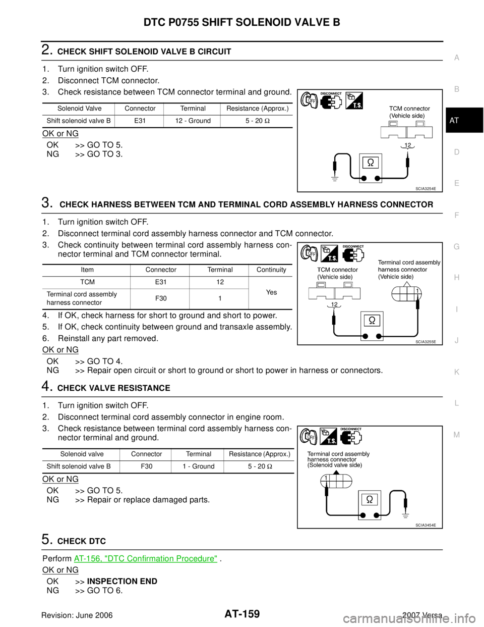 NISSAN VERSA 2006 Workshop Service Repair Manual DTC P0755 SHIFT SOLENOID VALVE B
AT-159
D
E
F
G
H
I
J
K
L
MA
B
AT
Revision: June 20062007 Versa
2. CHECK SHIFT SOLENOID VALVE B CIRCUIT
1. Turn ignition switch OFF.
2. Disconnect TCM connector.
3. Che NISSAN VERSA 2006 Workshop Service Repair Manual DTC P0755 SHIFT SOLENOID VALVE B
AT-159
D
E
F
G
H
I
J
K
L
MA
B
AT
Revision: June 20062007 Versa
2. CHECK SHIFT SOLENOID VALVE B CIRCUIT
1. Turn ignition switch OFF.
2. Disconnect TCM connector.
3. Che