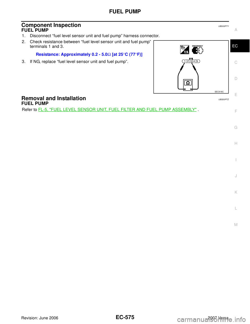 NISSAN VERSA 2006  Workshop  Service Repair Manual FUEL PUMP
EC-575
C
D
E
F
G
H
I
J
K
L
MA
EC
Revision: June 20062007 Versa
Component InspectionUBS00PTY
FUEL PUMP
1. Disconnect “fuel level sensor unit and fuel pump” harness connector.
2. Check res