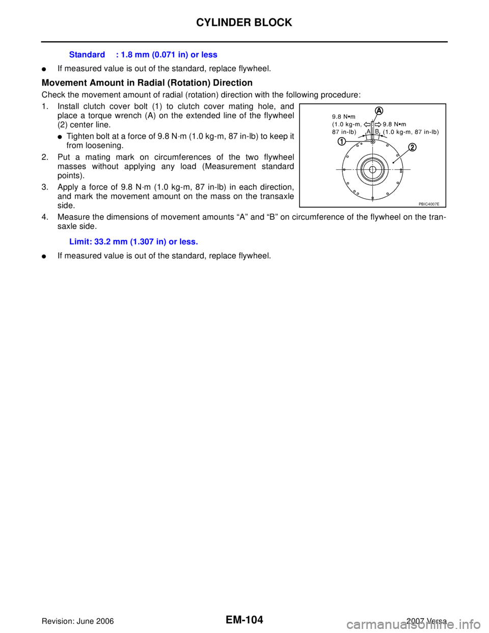 NISSAN VERSA 2006  Workshop  Service Repair Manual EM-104Revision: June 2006
CYLINDER BLOCK
2007 Versa
If measured value is out of the standard, replace flywheel.
Movement Amount in Radial (Rotation) Direction
Check the movement amount of radial (rot