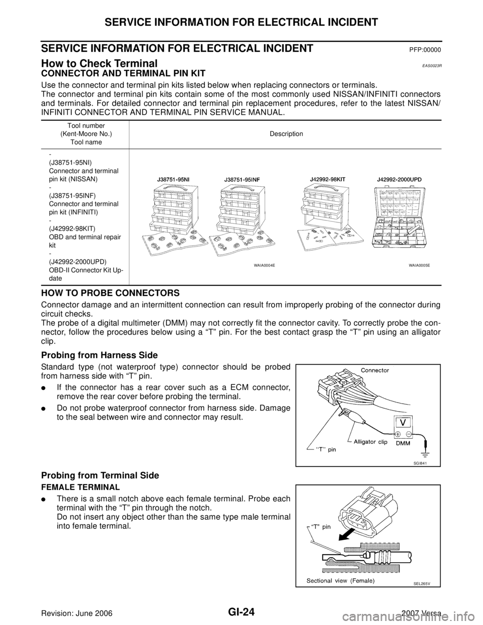 NISSAN VERSA 2006 Workshop Service Repair Manual GI-24
SERVICE INFORMATION FOR ELECTRICAL INCIDENT
Revision: June 20062007 Versa
SERVICE INFORMATION FOR ELECTRICAL INCIDENTPFP:00000
How to Check Terminal EAS0023R
CONNECTOR AND TERMINAL PIN KIT
Use t NISSAN VERSA 2006 Workshop Service Repair Manual GI-24
SERVICE INFORMATION FOR ELECTRICAL INCIDENT
Revision: June 20062007 Versa
SERVICE INFORMATION FOR ELECTRICAL INCIDENTPFP:00000
How to Check Terminal EAS0023R
CONNECTOR AND TERMINAL PIN KIT
Use t