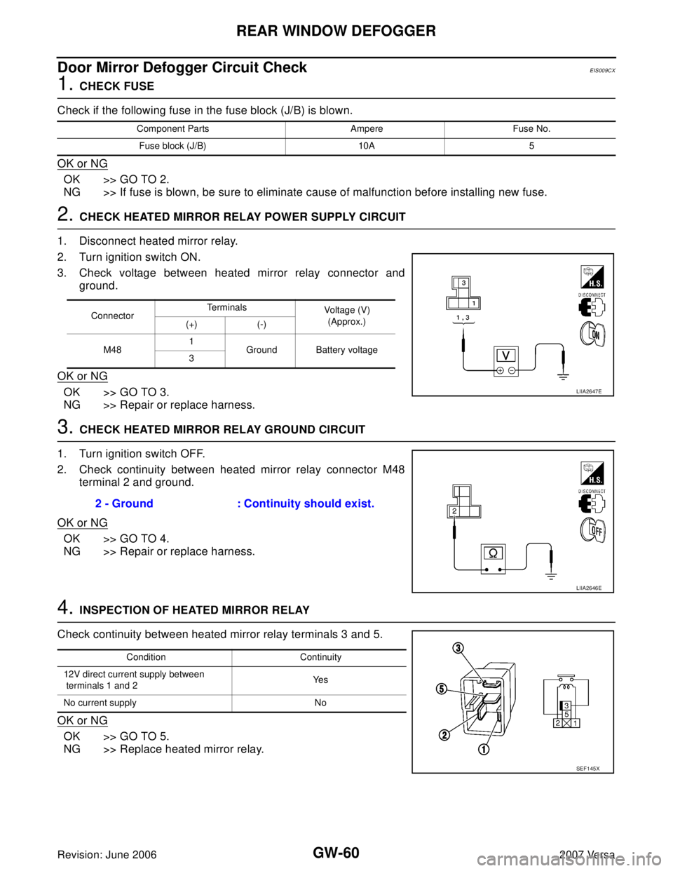 NISSAN VERSA 2006 Workshop Service Repair Manual GW-60
REAR WINDOW DEFOGGER
Revision: June 20062007 Versa
Door Mirror Defogger Circuit CheckEIS009CX
1. CHECK FUSE
Check if the following fuse in the fuse block (J/B) is blown.
OK or NG
OK >> GO TO 2. NISSAN VERSA 2006 Workshop Service Repair Manual GW-60
REAR WINDOW DEFOGGER
Revision: June 20062007 Versa
Door Mirror Defogger Circuit CheckEIS009CX
1. CHECK FUSE
Check if the following fuse in the fuse block (J/B) is blown.
OK or NG
OK >> GO TO 2.