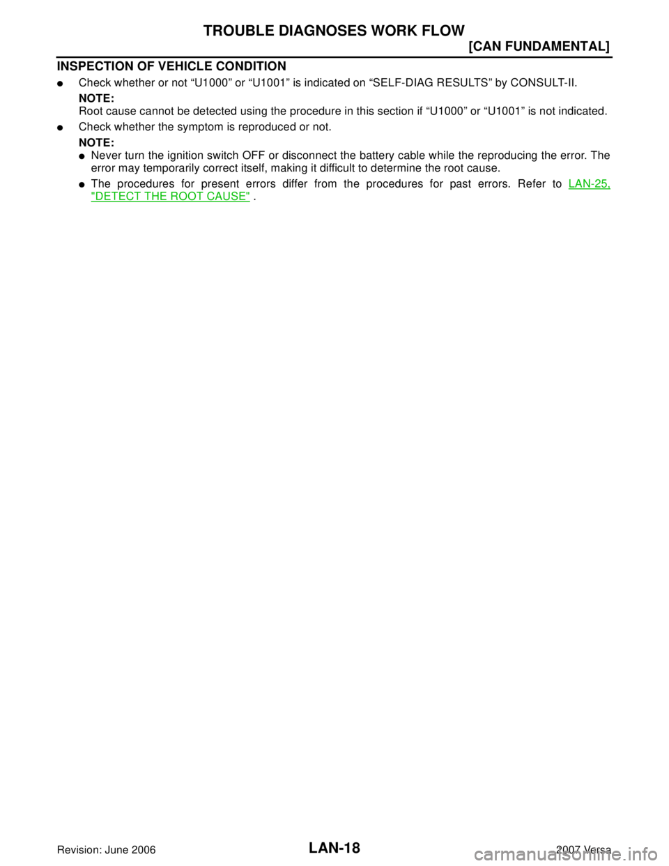 NISSAN VERSA 2006  Workshop  Service Repair Manual LAN-18
[CAN FUNDAMENTAL]
TROUBLE DIAGNOSES WORK FLOW
Revision: June 20062007 Versa
INSPECTION OF VEHICLE CONDITION
Check whether or not “U1000” or “U1001” is indicated on “SELF-DIAG RESULTS