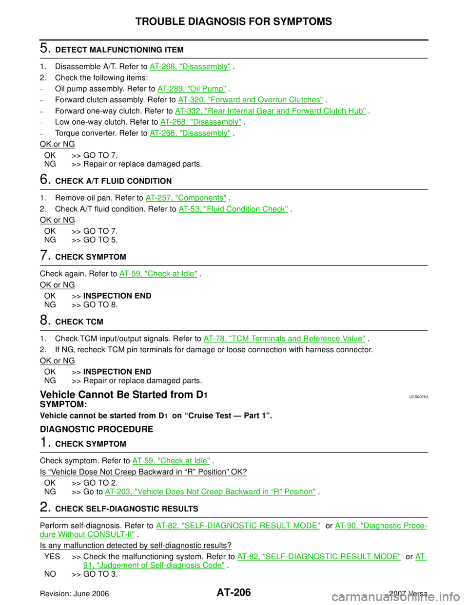 NISSAN VERSA 2006 Workshop Service Repair Manual AT-206
TROUBLE DIAGNOSIS FOR SYMPTOMS
Revision: June 20062007 Versa
5. DETECT MALFUNCTIONING ITEM
1. Disassemble A/T. Refer to AT-268, "
Disassembly" .
2. Check the following items:
–Oil pump assem NISSAN VERSA 2006 Workshop Service Repair Manual AT-206
TROUBLE DIAGNOSIS FOR SYMPTOMS
Revision: June 20062007 Versa
5. DETECT MALFUNCTIONING ITEM
1. Disassemble A/T. Refer to AT-268, "
Disassembly" .
2. Check the following items:
–Oil pump assem