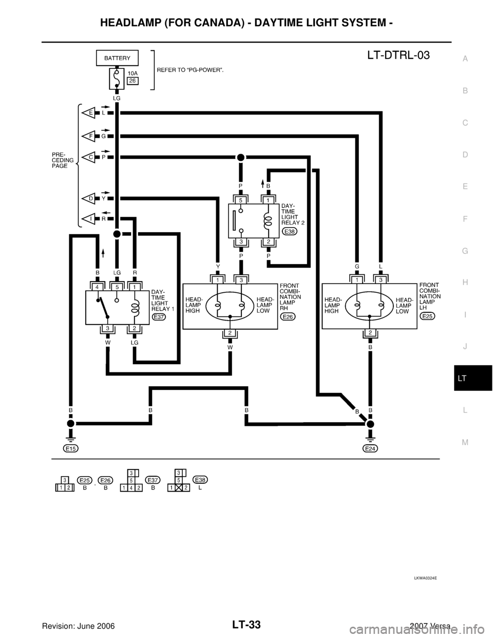NISSAN VERSA 2006  Workshop  Service Repair Manual HEADLAMP (FOR CANADA) - DAYTIME LIGHT SYSTEM -
LT-33
C
D
E
F
G
H
I
J
L
MA
B
LT
Revision: June 20062007 Versa
LKWA0324E 
