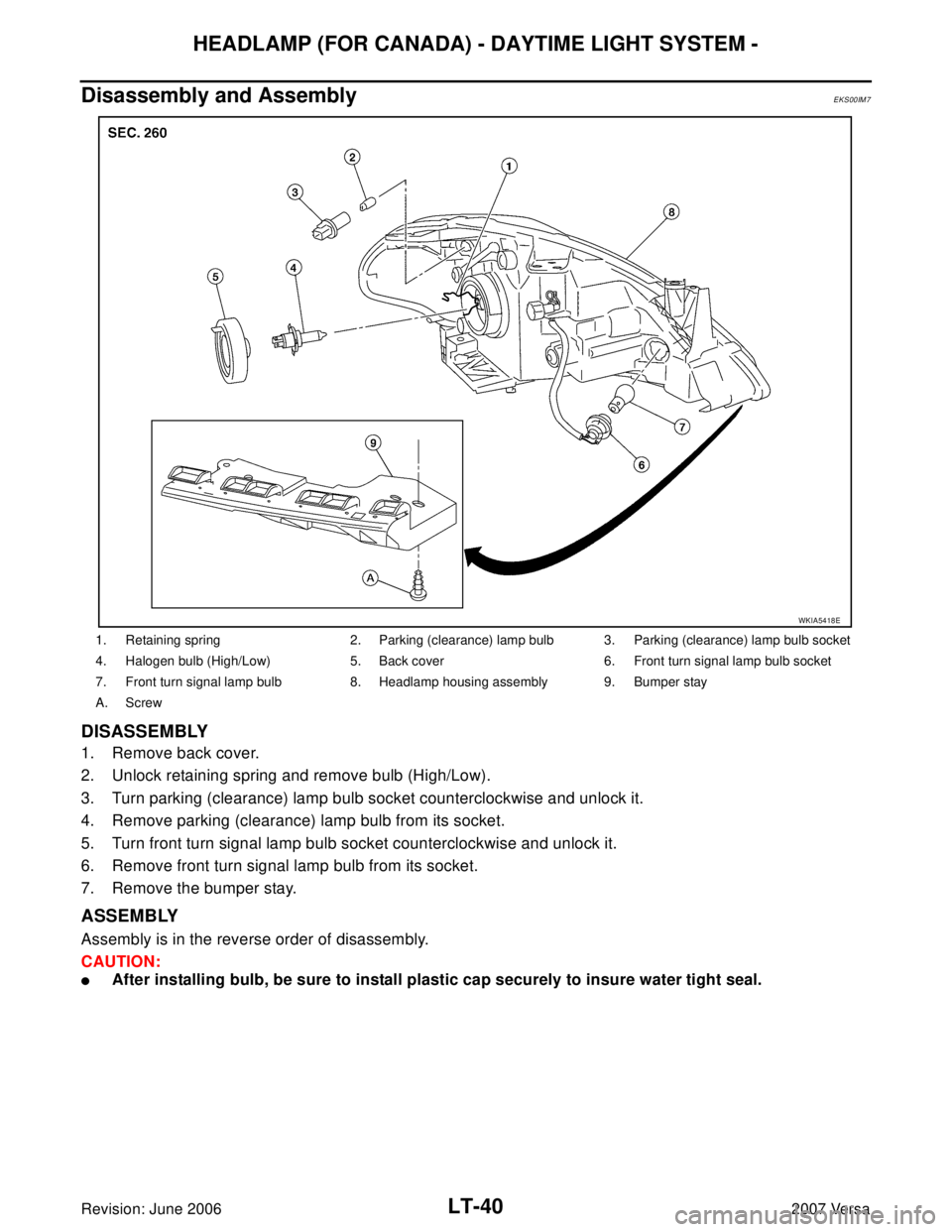 NISSAN VERSA 2006  Workshop  Service Repair Manual LT-40
HEADLAMP (FOR CANADA) - DAYTIME LIGHT SYSTEM -
Revision: June 20062007 Versa
Disassembly and AssemblyEKS00IM7
DISASSEMBLY
1. Remove back cover.
2. Unlock retaining spring and remove bulb (High/L