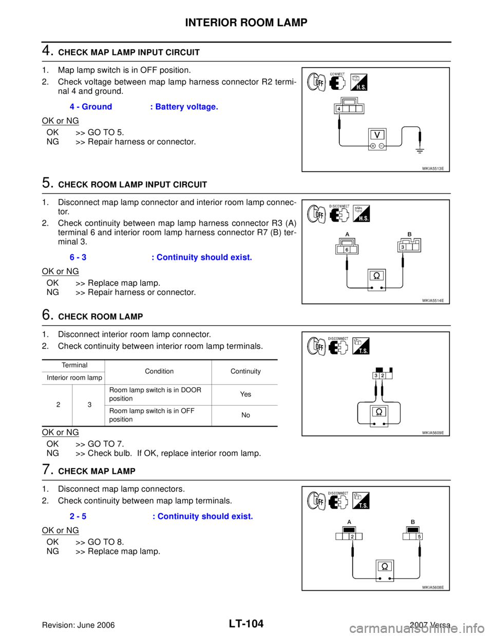 NISSAN VERSA 2006 Workshop Service Repair Manual LT-104
INTERIOR ROOM LAMP
Revision: June 20062007 Versa
4. CHECK MAP LAMP INPUT CIRCUIT
1. Map lamp switch is in OFF position.
2. Check voltage between map lamp harness connector R2 termi-
nal 4 and g NISSAN VERSA 2006 Workshop Service Repair Manual LT-104
INTERIOR ROOM LAMP
Revision: June 20062007 Versa
4. CHECK MAP LAMP INPUT CIRCUIT
1. Map lamp switch is in OFF position.
2. Check voltage between map lamp harness connector R2 termi-
nal 4 and g