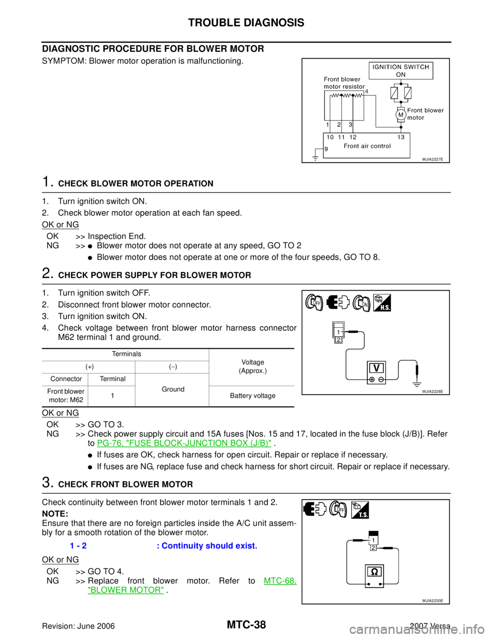 NISSAN VERSA 2006 Workshop Service Repair Manual MTC-38
TROUBLE DIAGNOSIS
Revision: June 20062007 Versa
DIAGNOSTIC PROCEDURE FOR BLOWER MOTOR
SYMPTOM: Blower motor operation is malfunctioning.
1. CHECK BLOWER MOTOR OPERATION
1. Turn ignition switch NISSAN VERSA 2006 Workshop Service Repair Manual MTC-38
TROUBLE DIAGNOSIS
Revision: June 20062007 Versa
DIAGNOSTIC PROCEDURE FOR BLOWER MOTOR
SYMPTOM: Blower motor operation is malfunctioning.
1. CHECK BLOWER MOTOR OPERATION
1. Turn ignition switch