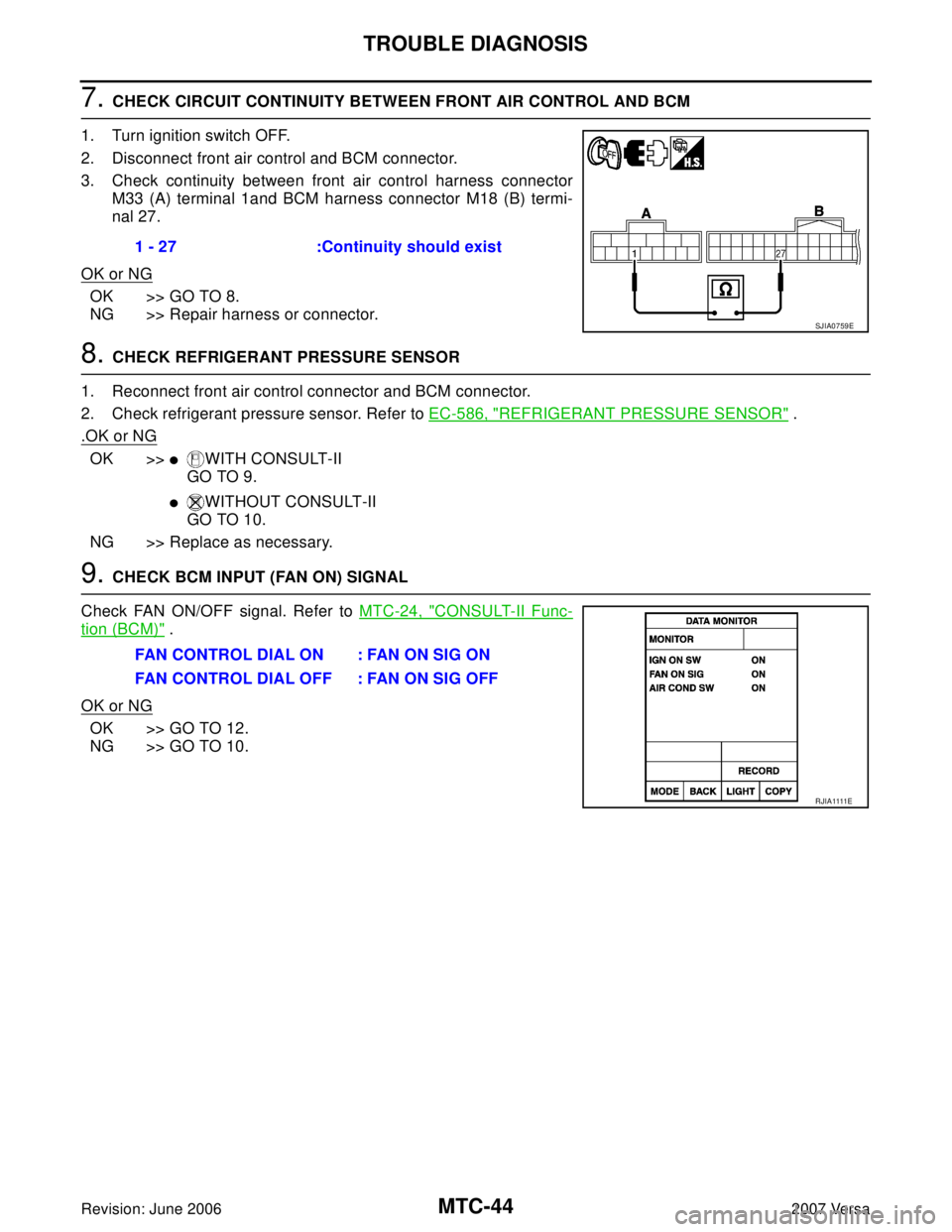 NISSAN VERSA 2006  Workshop  Service Repair Manual MTC-44
TROUBLE DIAGNOSIS
Revision: June 20062007 Versa
7. CHECK CIRCUIT CONTINUITY BETWEEN FRONT AIR CONTROL AND BCM
1. Turn ignition switch OFF.
2. Disconnect front air control and BCM connector.
3. 