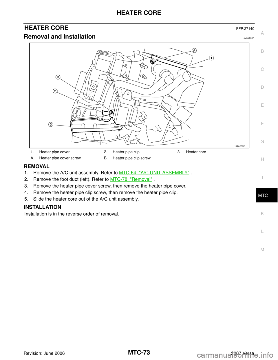 NISSAN VERSA 2006  Workshop  Service Repair Manual HEATER CORE
MTC-73
C
D
E
F
G
H
I
K
L
MA
B
MTC
Revision: June 20062007 Versa
HEATER COREPFP:27140
Removal and InstallationEJS0058A
REMOVAL
1. Remove the A/C unit assembly. Refer to MTC-64, "A/C UNIT AS