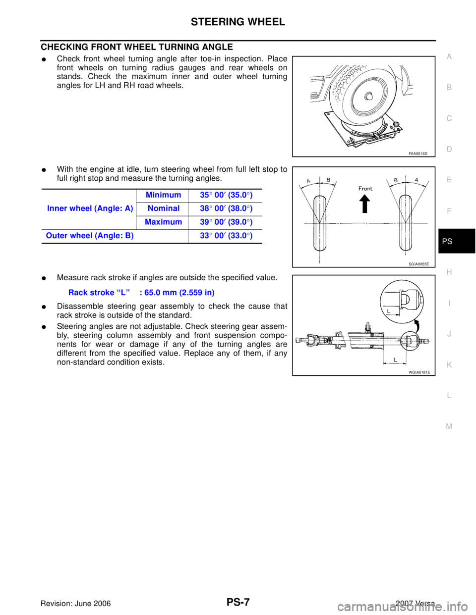 NISSAN VERSA 2006  Workshop  Service Repair Manual STEERING WHEEL
PS-7
C
D
E
F
H
I
J
K
L
MA
B
PS
Revision: June 20062007 Versa
CHECKING FRONT WHEEL TURNING ANGLE
Check front wheel turning angle after toe-in inspection. Place
front wheels on turning r