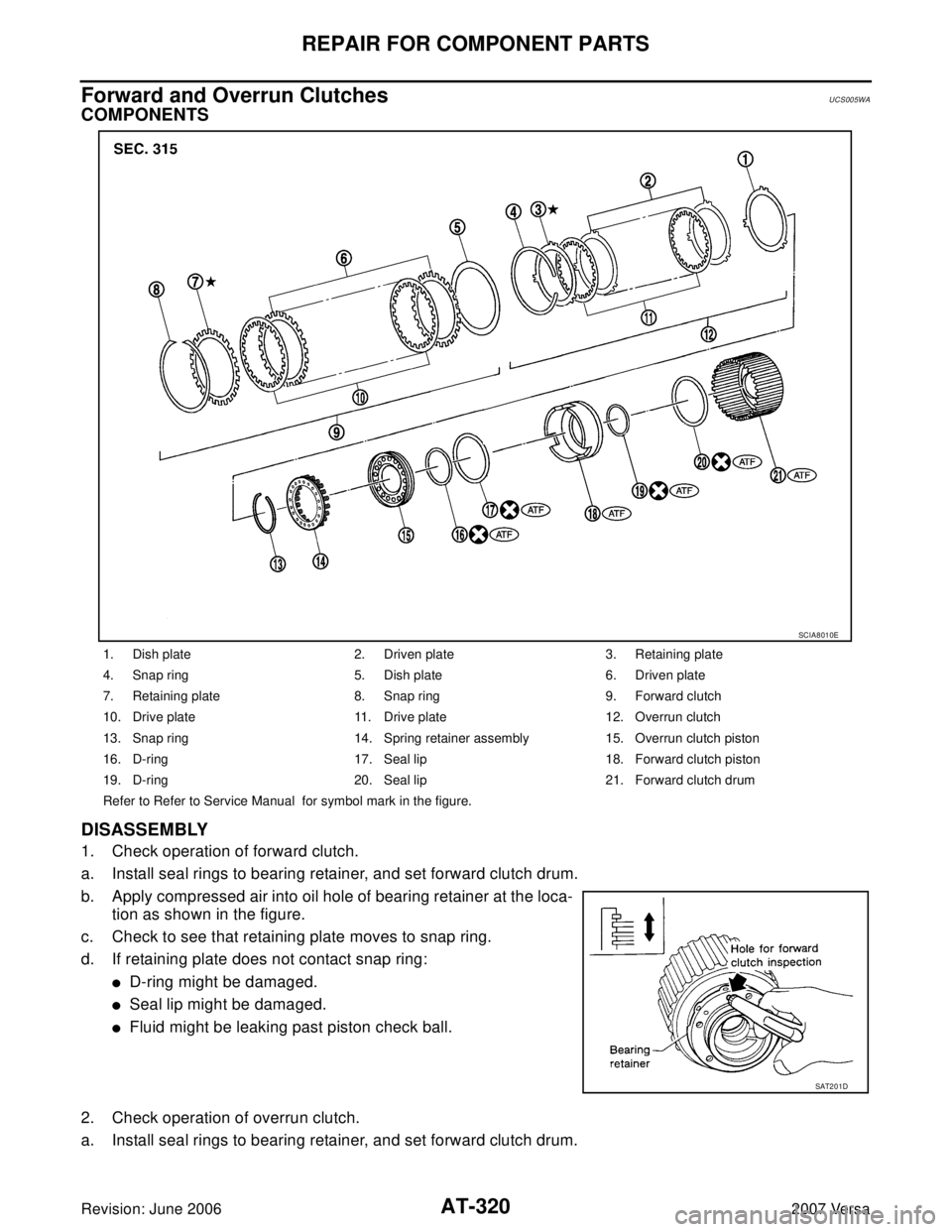 NISSAN VERSA 2006 Workshop Service Repair Manual AT-320
REPAIR FOR COMPONENT PARTS
Revision: June 20062007 Versa
Forward and Overrun ClutchesUCS005WA
COMPONENTS
DISASSEMBLY
1. Check operation of forward clutch.
a. Install seal rings to bearing retai NISSAN VERSA 2006 Workshop Service Repair Manual AT-320
REPAIR FOR COMPONENT PARTS
Revision: June 20062007 Versa
Forward and Overrun ClutchesUCS005WA
COMPONENTS
DISASSEMBLY
1. Check operation of forward clutch.
a. Install seal rings to bearing retai