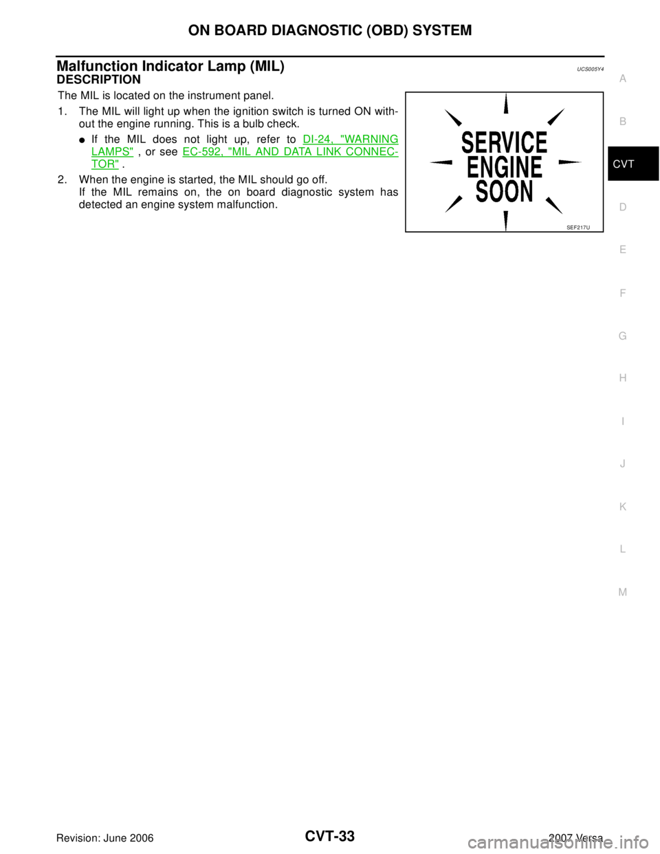 NISSAN VERSA 2006  Workshop  Service Repair Manual ON BOARD DIAGNOSTIC (OBD) SYSTEM
CVT-33
D
E
F
G
H
I
J
K
L
MA
B
CVT
Revision: June 20062007 Versa
Malfunction Indicator Lamp (MIL)UCS005Y4
DESCRIPTION 
The MIL is located on the instrument panel.
1. Th