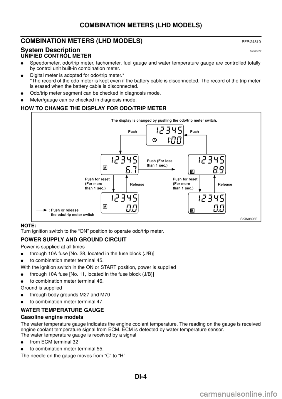 NISSAN X-TRAIL 2003  Electronic Repair Manual DI-4
COMBINATION METERS (LHD MODELS)
COMBINATION METERS (LHD MODELS)
PFP:24810
System DescriptionEKS002Z7
UNIFIED CONTROL METER
lSpeedometer, odo/trip meter, tachometer, fuel gauge and water temperatu