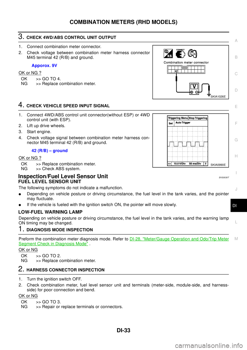 NISSAN X-TRAIL 2003 Electronic Repair Manual COMBINATION METERS (RHD MODELS)
DI-33
C
D
E
F
G
H
I
J
L
MA
B
DI
3.CHECK 4WD/ABS CONTROL UNIT OUTPUT
1. Connect combination meter connector.
2. Check voltage between combination meter harness connector NISSAN X-TRAIL 2003 Electronic Repair Manual COMBINATION METERS (RHD MODELS)
DI-33
C
D
E
F
G
H
I
J
L
MA
B
DI
3.CHECK 4WD/ABS CONTROL UNIT OUTPUT
1. Connect combination meter connector.
2. Check voltage between combination meter harness connector