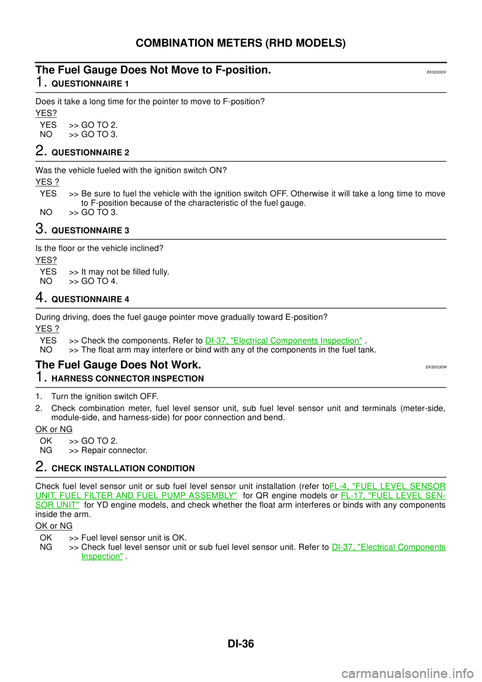 NISSAN X-TRAIL 2003  Electronic Repair Manual DI-36
COMBINATION METERS (RHD MODELS)
The Fuel Gauge Does Not Move to F-position.
EKS0030V
1.QUESTIONNAIRE 1
Does it take a long time for the pointer to move to F-position?
YES?
YES >> GO TO 2.
NO >> 