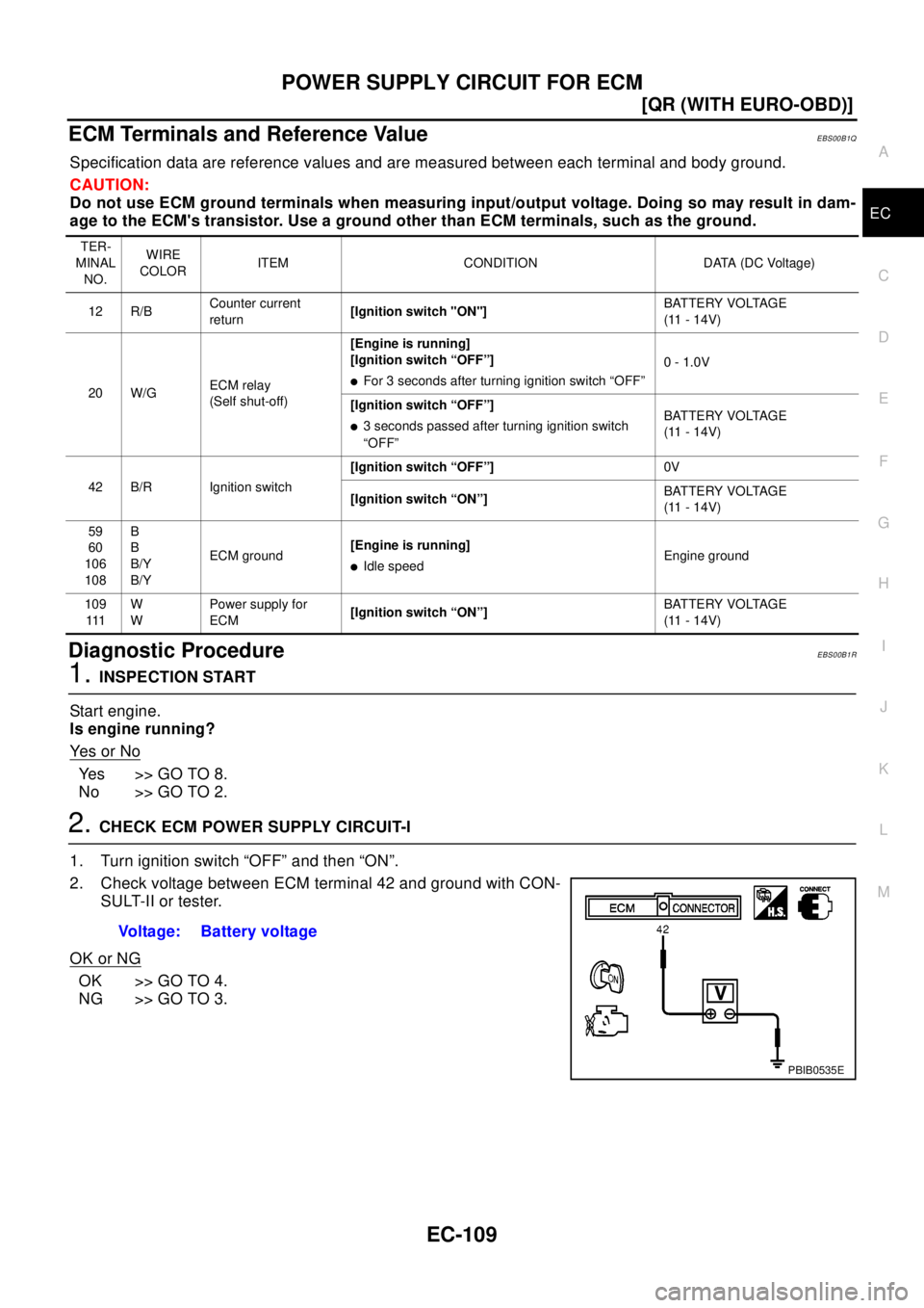 NISSAN X-TRAIL 2003  Electronic Repair Manual POWER SUPPLY CIRCUIT FOR ECM
EC-109
[QR (WITH EURO-OBD)]
C
D
E
F
G
H
I
J
K
L
MA
EC
ECM Terminals and Reference ValueEBS00B1Q
Specification data are reference values and are measured between each termi