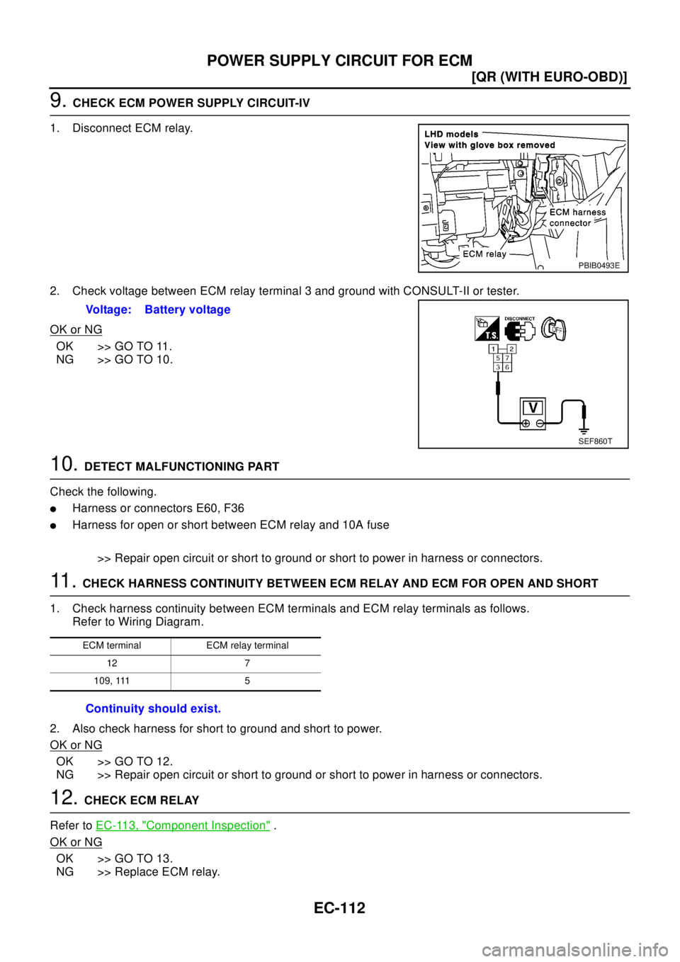NISSAN X-TRAIL 2003  Electronic Repair Manual EC-112
[QR (WITH EURO-OBD)]
POWER SUPPLY CIRCUIT FOR ECM
9.CHECK ECM POWER SUPPLY CIRCUIT-IV
1. Disconnect ECM relay.
2. Check voltage between ECM relay terminal 3 and ground with CONSULT-II or tester