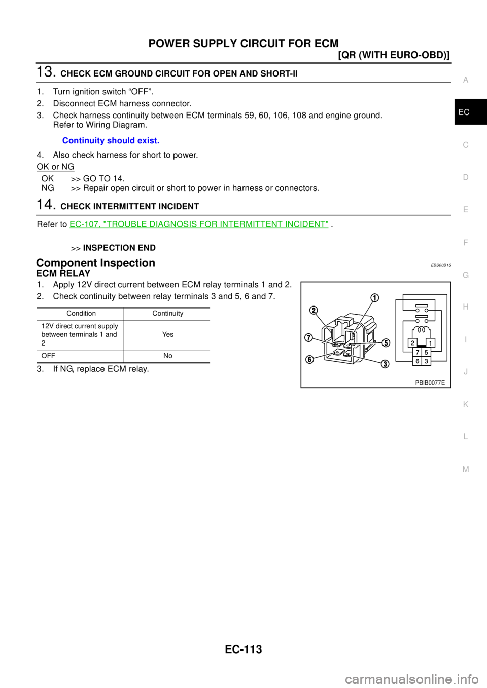 NISSAN X-TRAIL 2003  Electronic Repair Manual POWER SUPPLY CIRCUIT FOR ECM
EC-113
[QR (WITH EURO-OBD)]
C
D
E
F
G
H
I
J
K
L
MA
EC
13.CHECK ECM GROUND CIRCUIT FOR OPEN AND SHORT-II
1. Turn ignition switch “OFF”.
2. Disconnect ECM harness connec