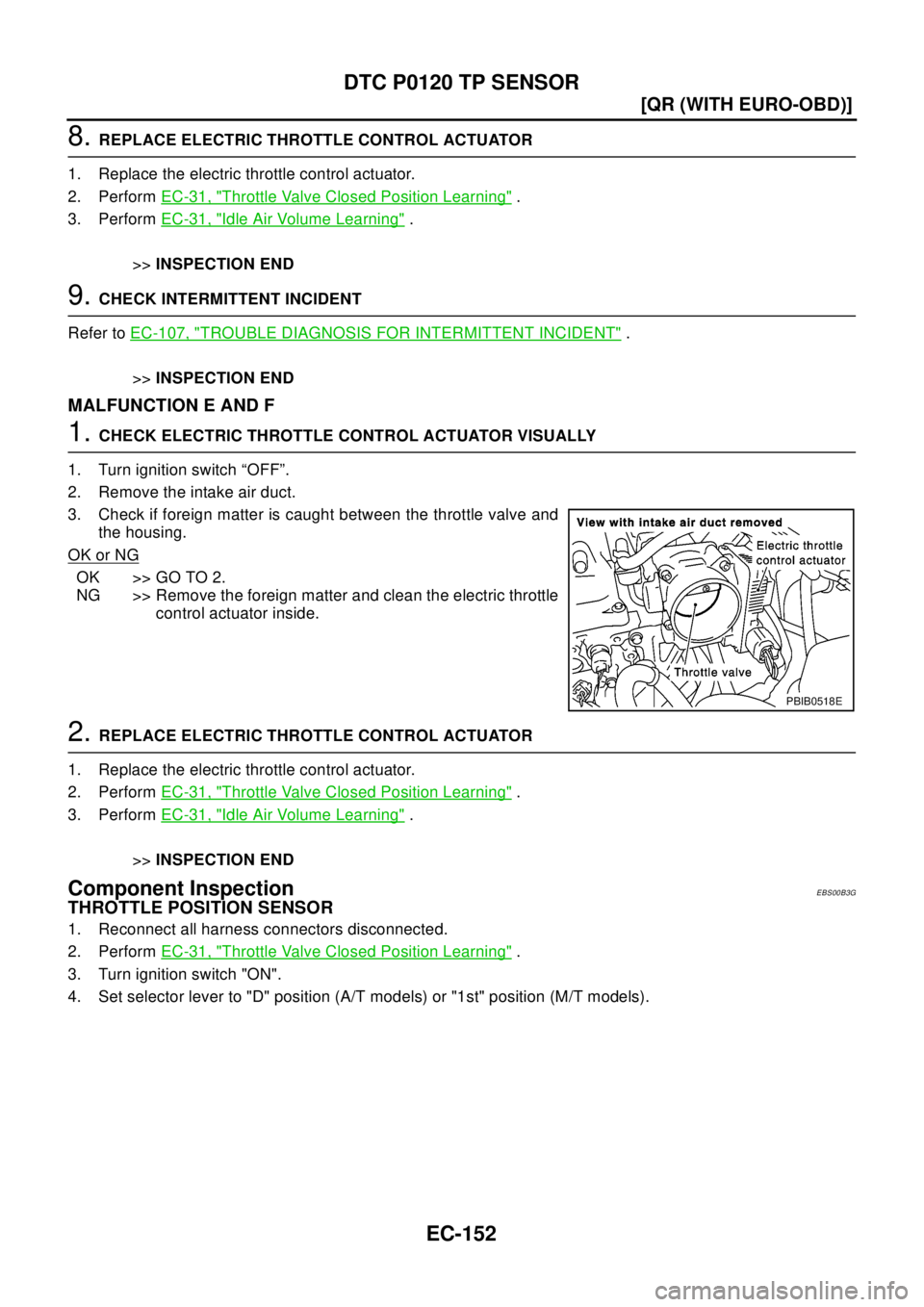 NISSAN X-TRAIL 2003  Electronic Repair Manual EC-152
[QR (WITH EURO-OBD)]
DTC P0120 TP SENSOR
8.REPLACE ELECTRIC THROTTLE CONTROL ACTUATOR
1. Replace the electric throttle control actuator.
2. PerformEC-31, "
Throttle Valve Closed Position Learni