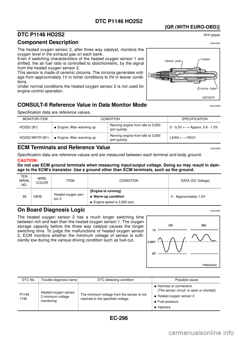 NISSAN X-TRAIL 2003  Electronic Repair Manual EC-296
[QR (WITH EURO-OBD)]
DTC P1146 HO2S2
DTC P1146 HO2S2
PFP:226A0
Component DescriptionEBS00BBV
The heated oxygen sensor 2, after three way catalyst, monitors the
oxygen level in the exhaust gas o