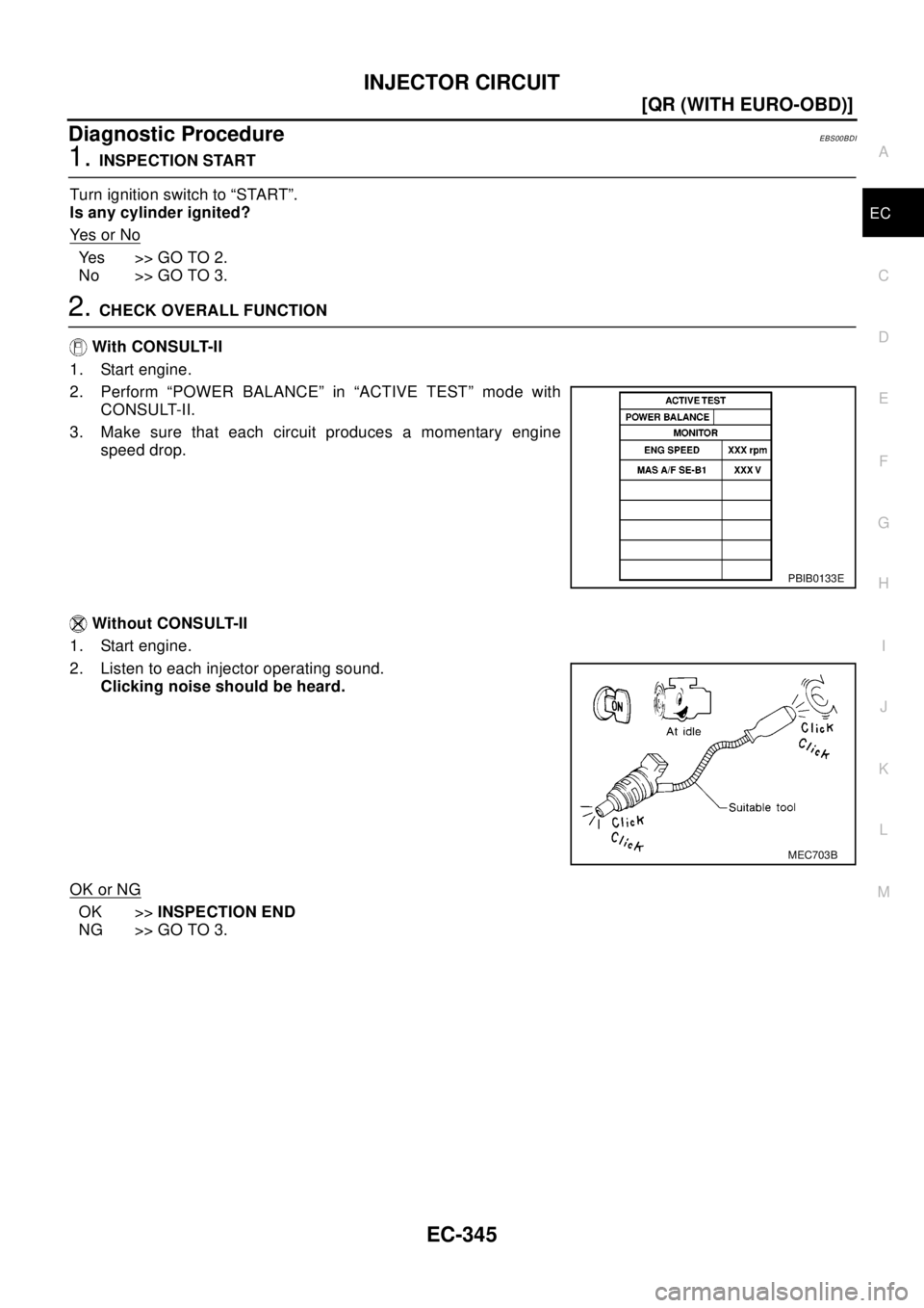 NISSAN X-TRAIL 2003  Electronic Repair Manual INJECTOR CIRCUIT
EC-345
[QR (WITH EURO-OBD)]
C
D
E
F
G
H
I
J
K
L
MA
EC
Diagnostic ProcedureEBS00BDI
1.INSPECTION START
Turn ignition switch to “START”.
Is any cylinder ignited?
Ye s o r N o
Yes >>