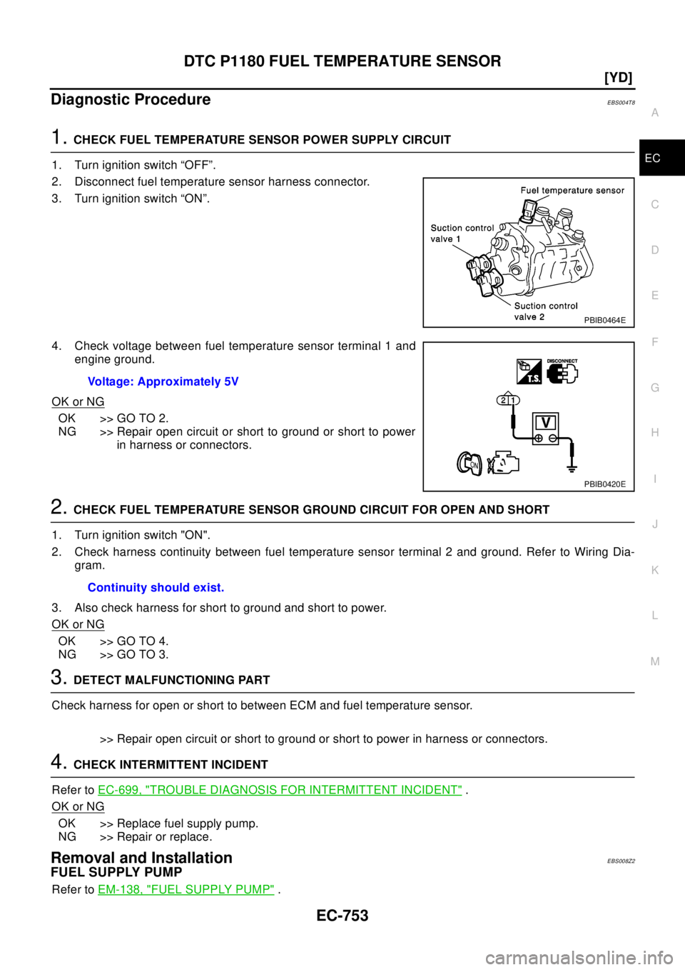 NISSAN X-TRAIL 2003  Electronic Repair Manual DTC P1180 FUEL TEMPERATURE SENSOR
EC-753
[YD]
C
D
E
F
G
H
I
J
K
L
MA
EC
Diagnostic ProcedureEBS004T8
1.CHECK FUEL TEMPERATURE SENSOR POWER SUPPLY CIRCUIT
1. Turn ignition switch “OFF”.
2. Disconne